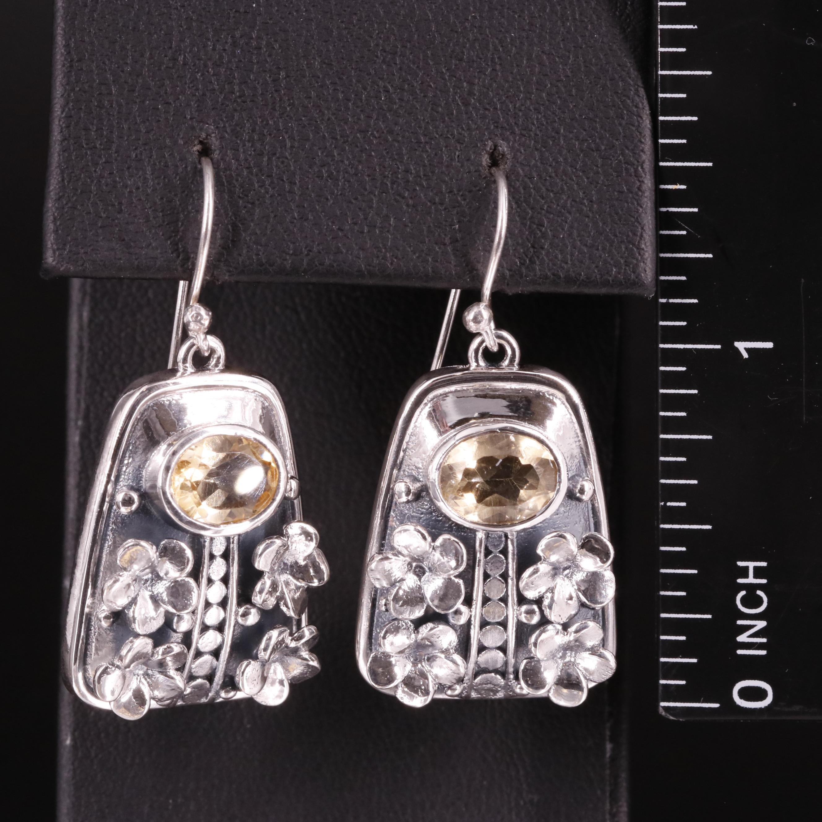 Sterling Citrine Floral Panel Drop Earrings