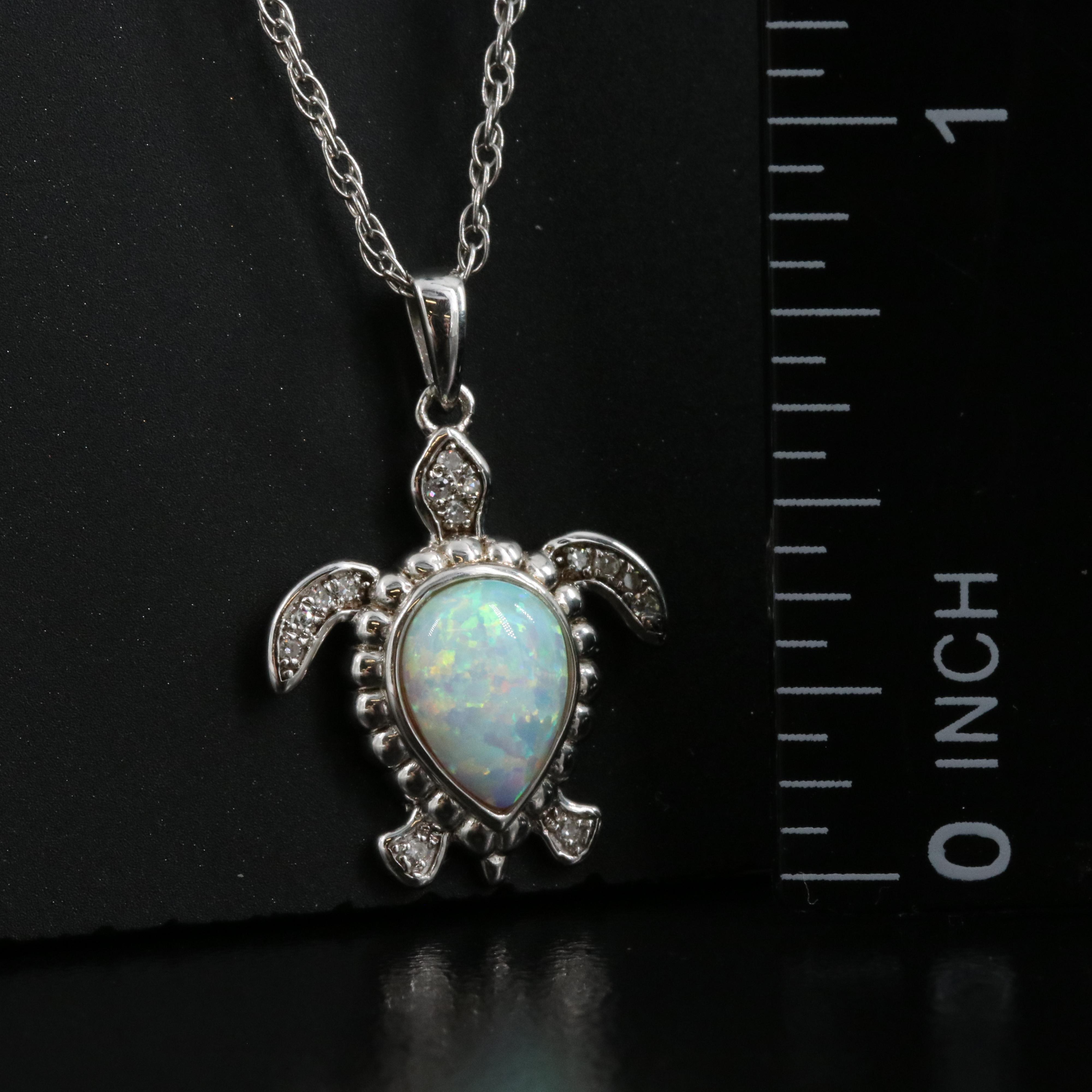 Sterling Opal and Diamond Turtle Pendant Necklace