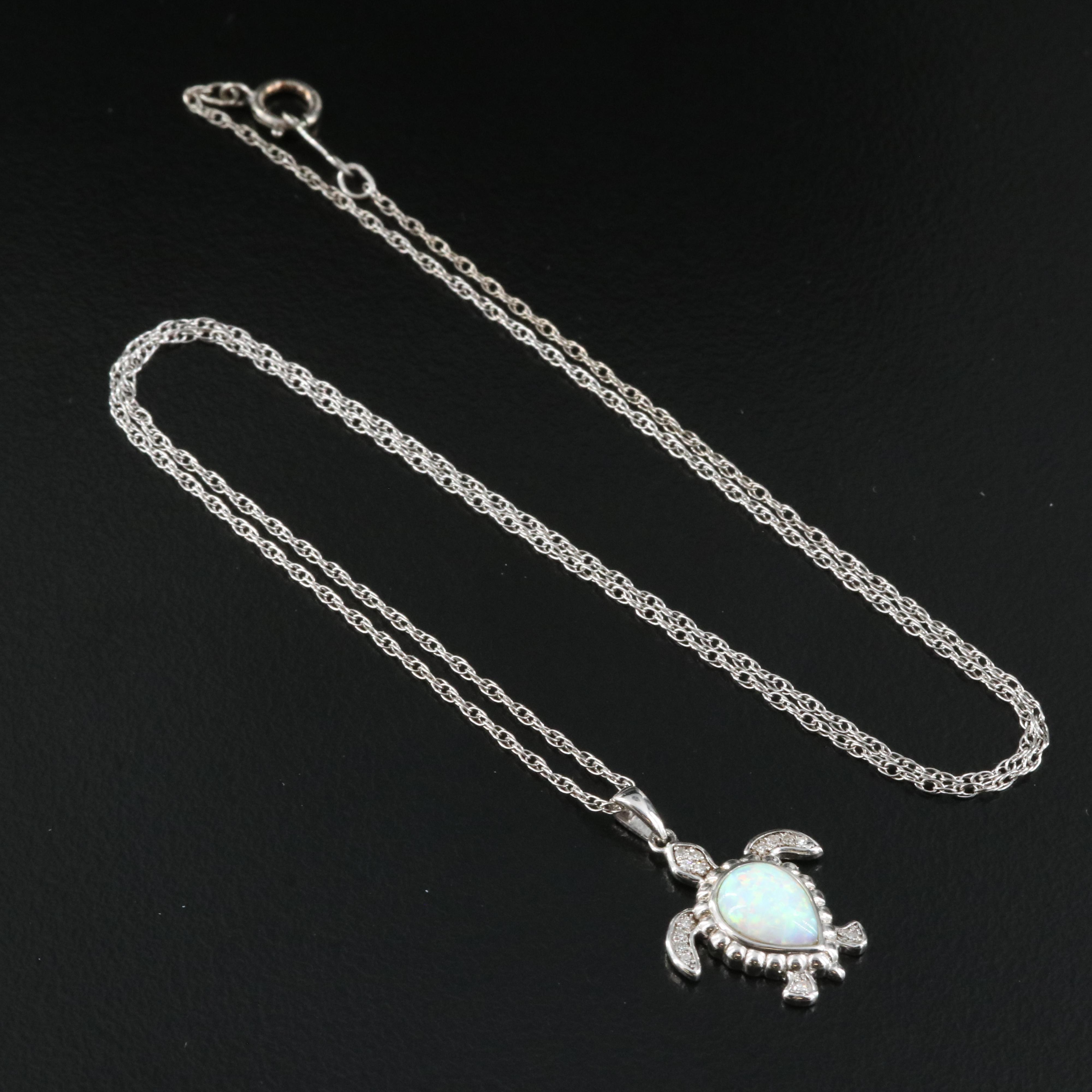 Sterling Opal and Diamond Turtle Pendant Necklace