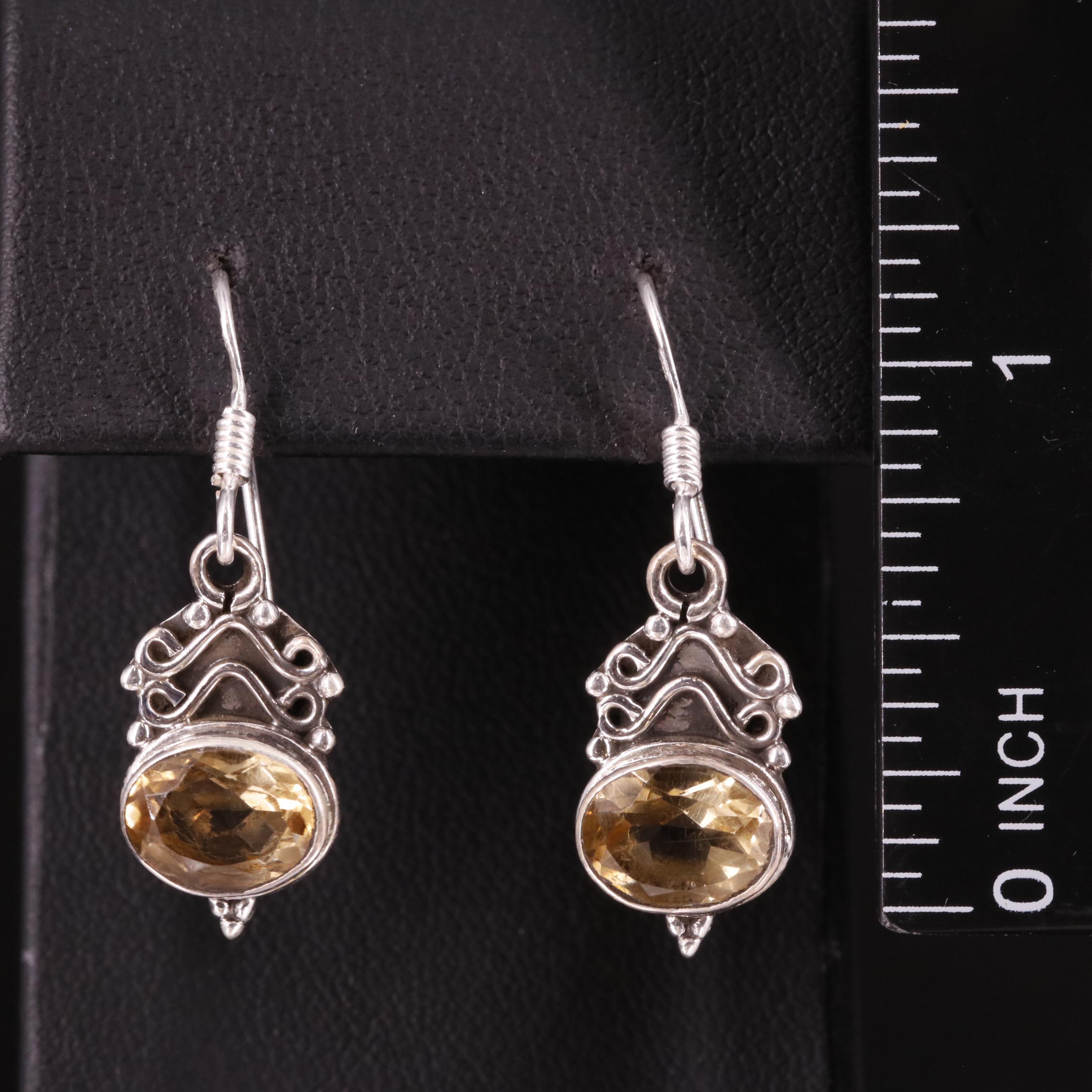 Sterling Citrine Scrolled Drop Earrings