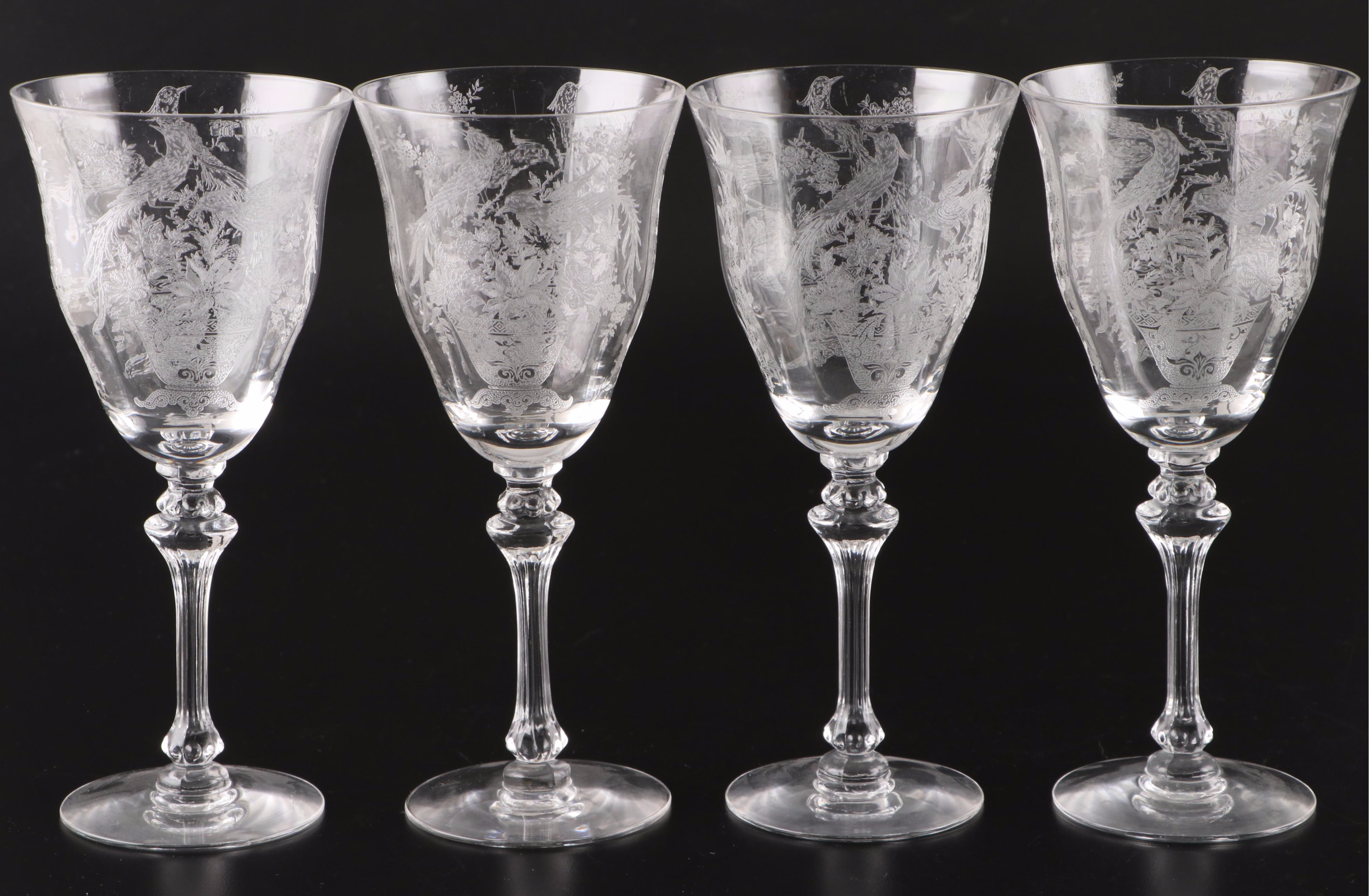 Tiffin-Franciscan "Persian Pheasant" Etched Optic Glass Stemware, 1945-1966