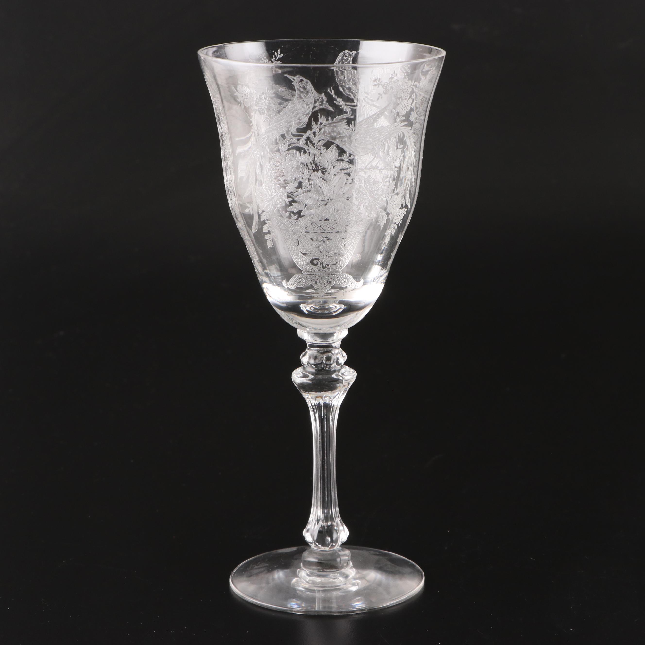 Tiffin-Franciscan "Persian Pheasant" Etched Optic Glass Stemware, 1945-1966