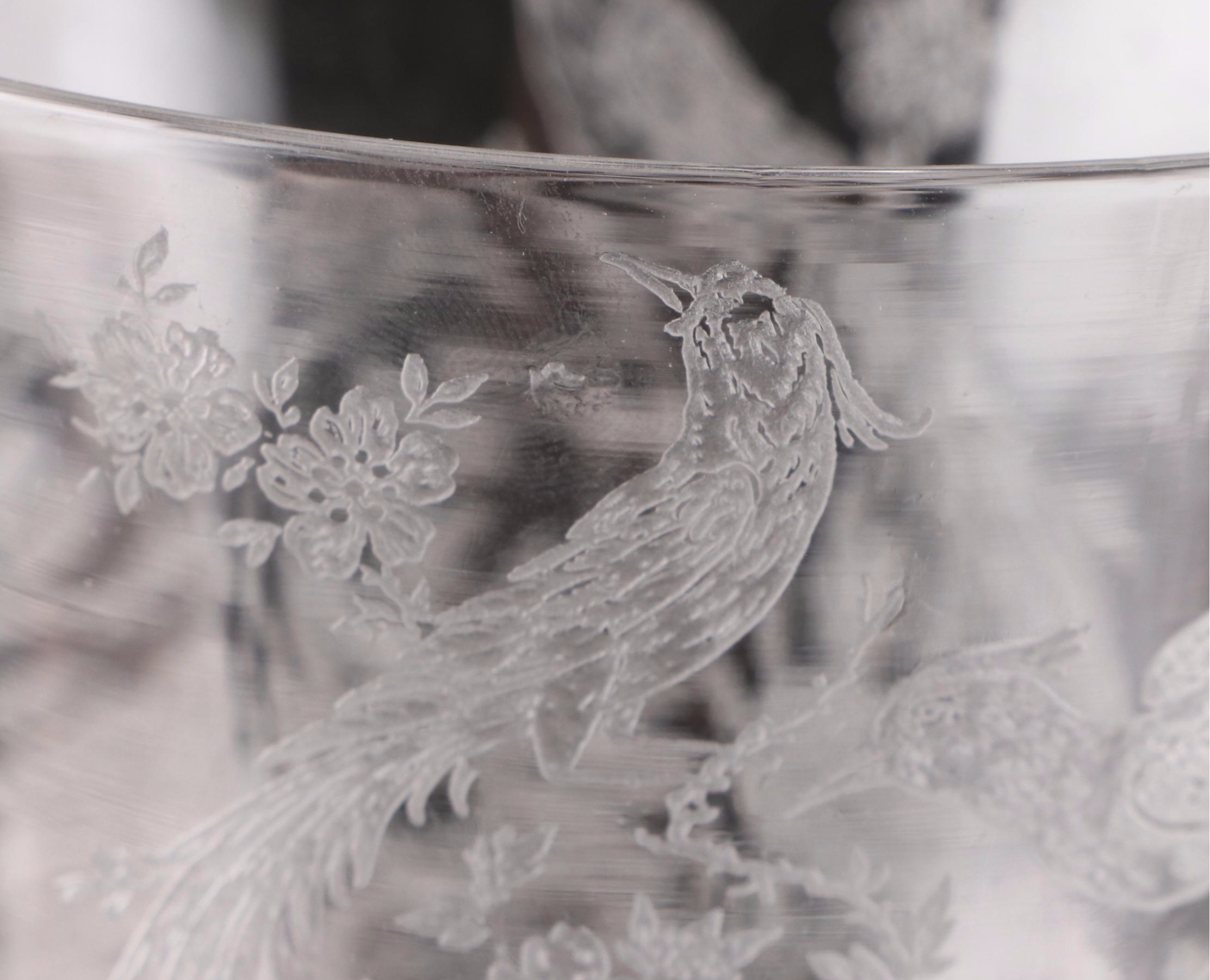 Tiffin-Franciscan "Persian Pheasant" Etched Optic Glass Stemware, 1945-1966
