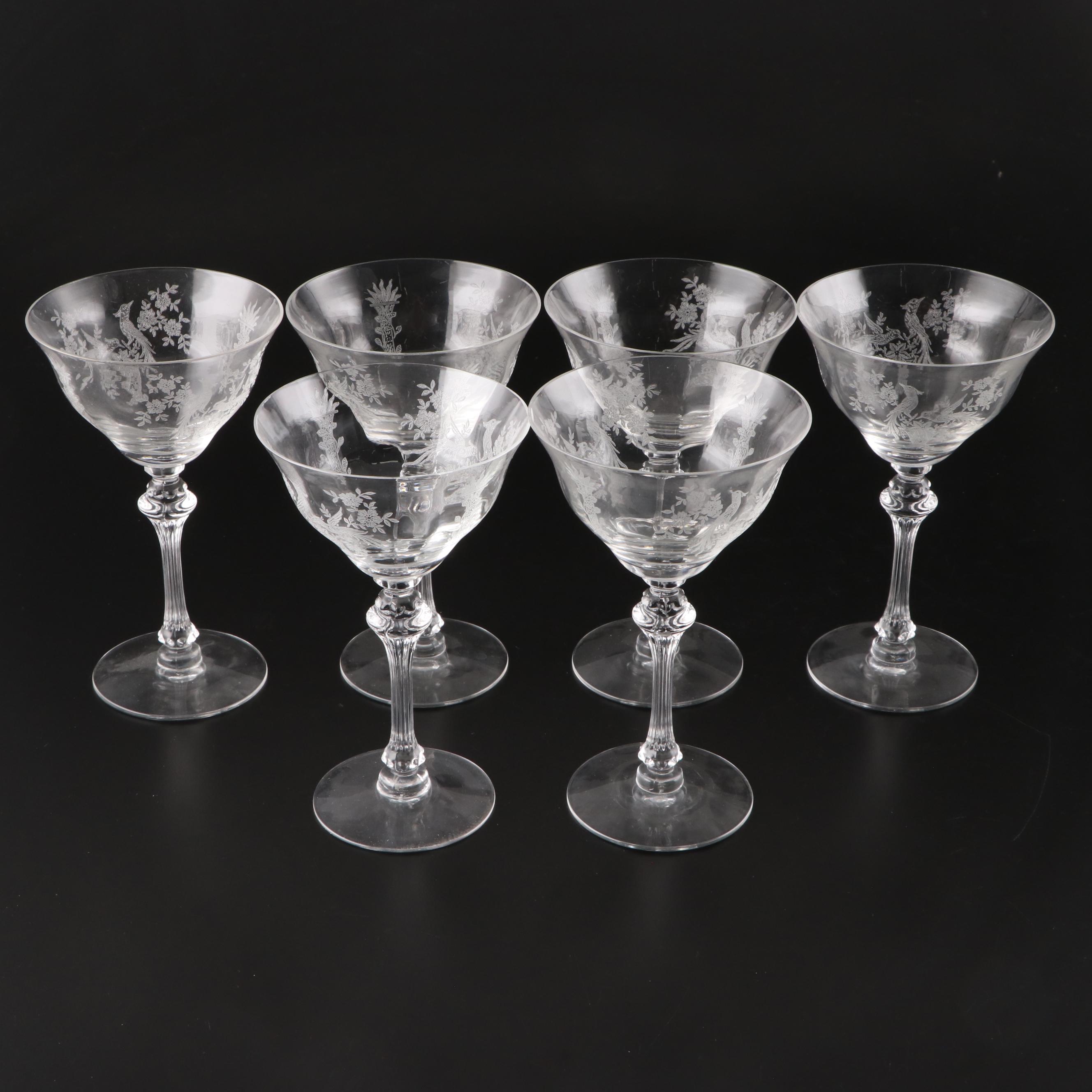Tiffin-Franciscan "Persian Pheasant" Etched Optic Glass Stemware, 1945-1966
