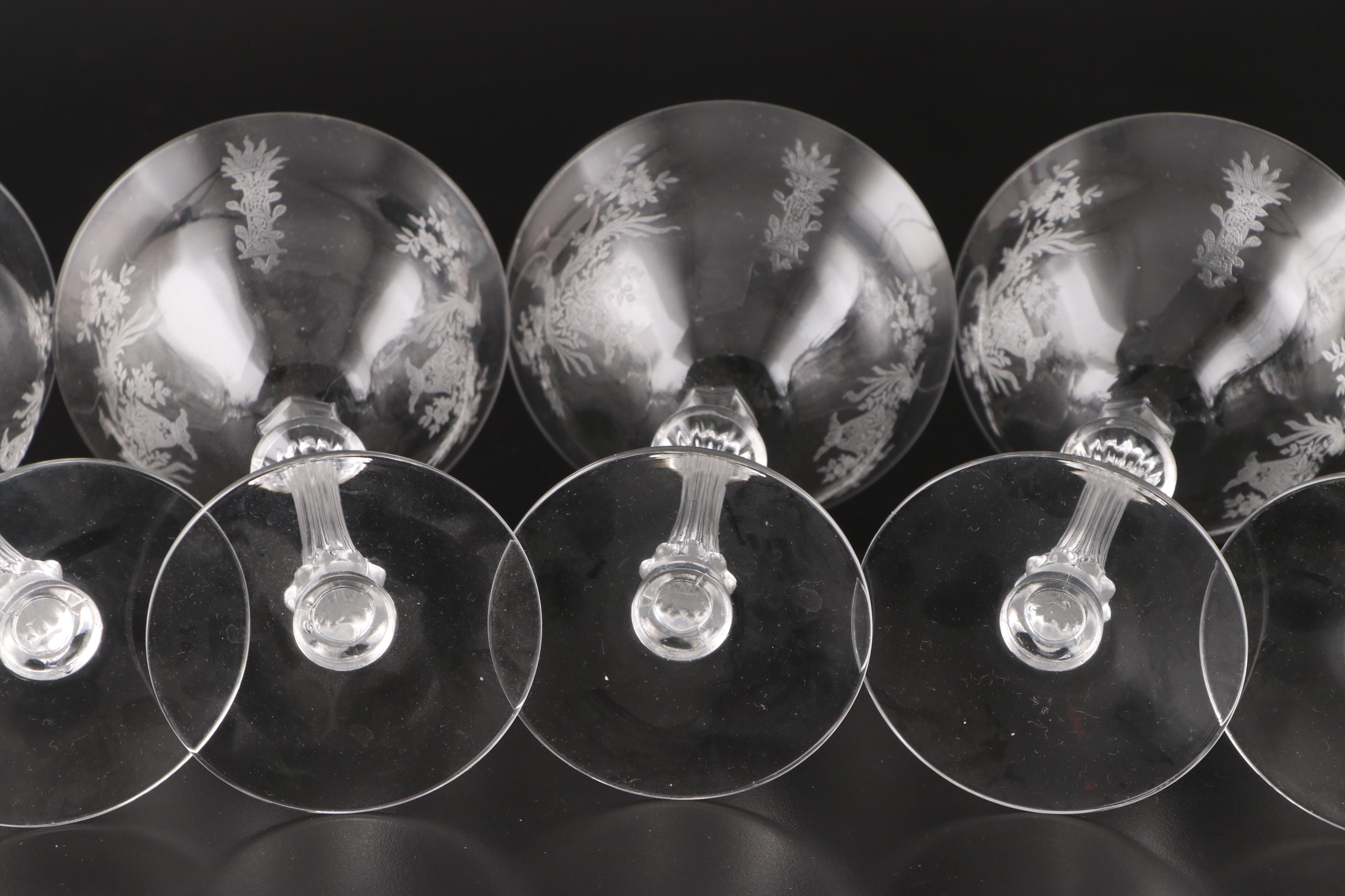 Tiffin-Franciscan "Persian Pheasant" Etched Optic Glass Stemware, 1945-1966