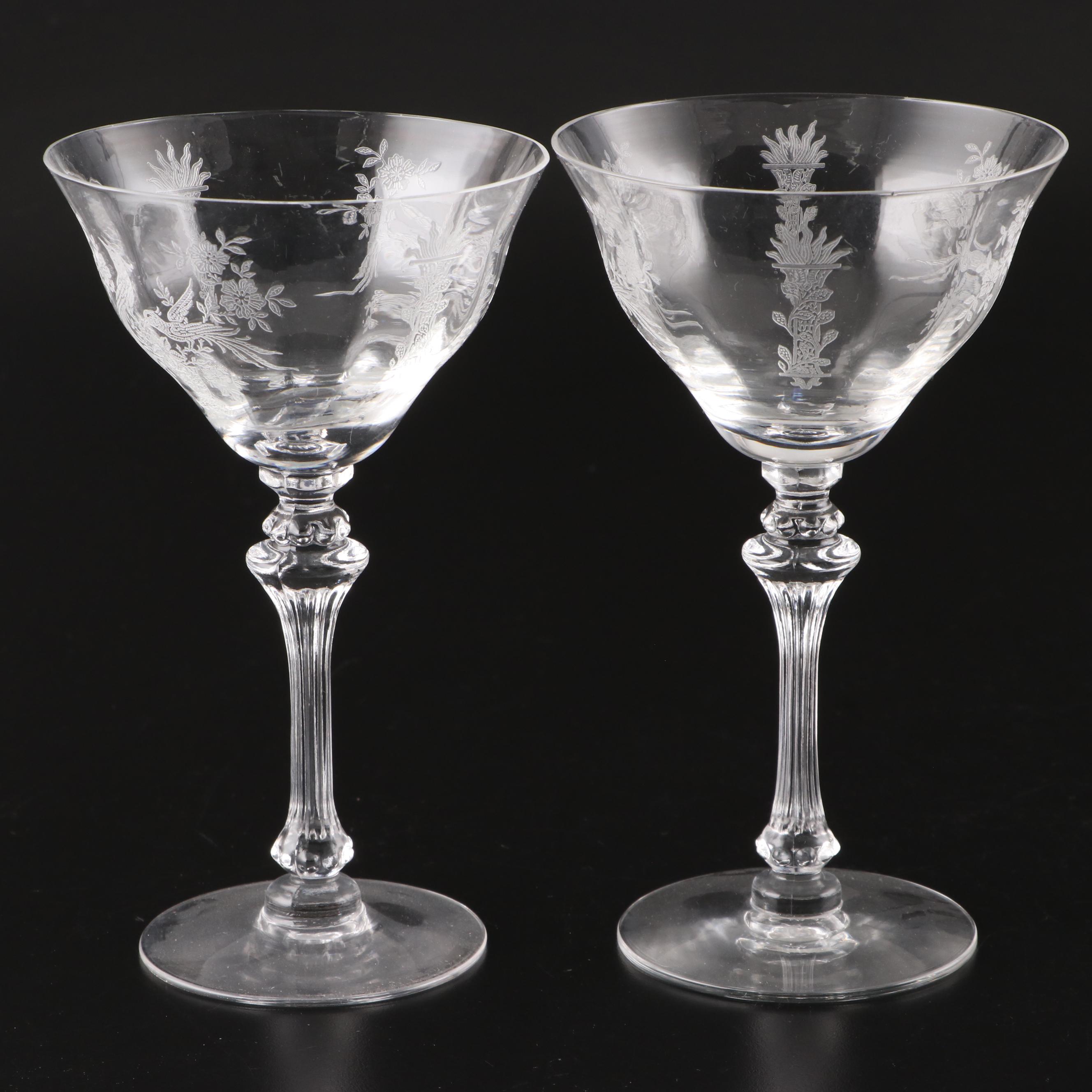 Tiffin-Franciscan "Persian Pheasant" Etched Optic Glass Stemware, 1945-1966