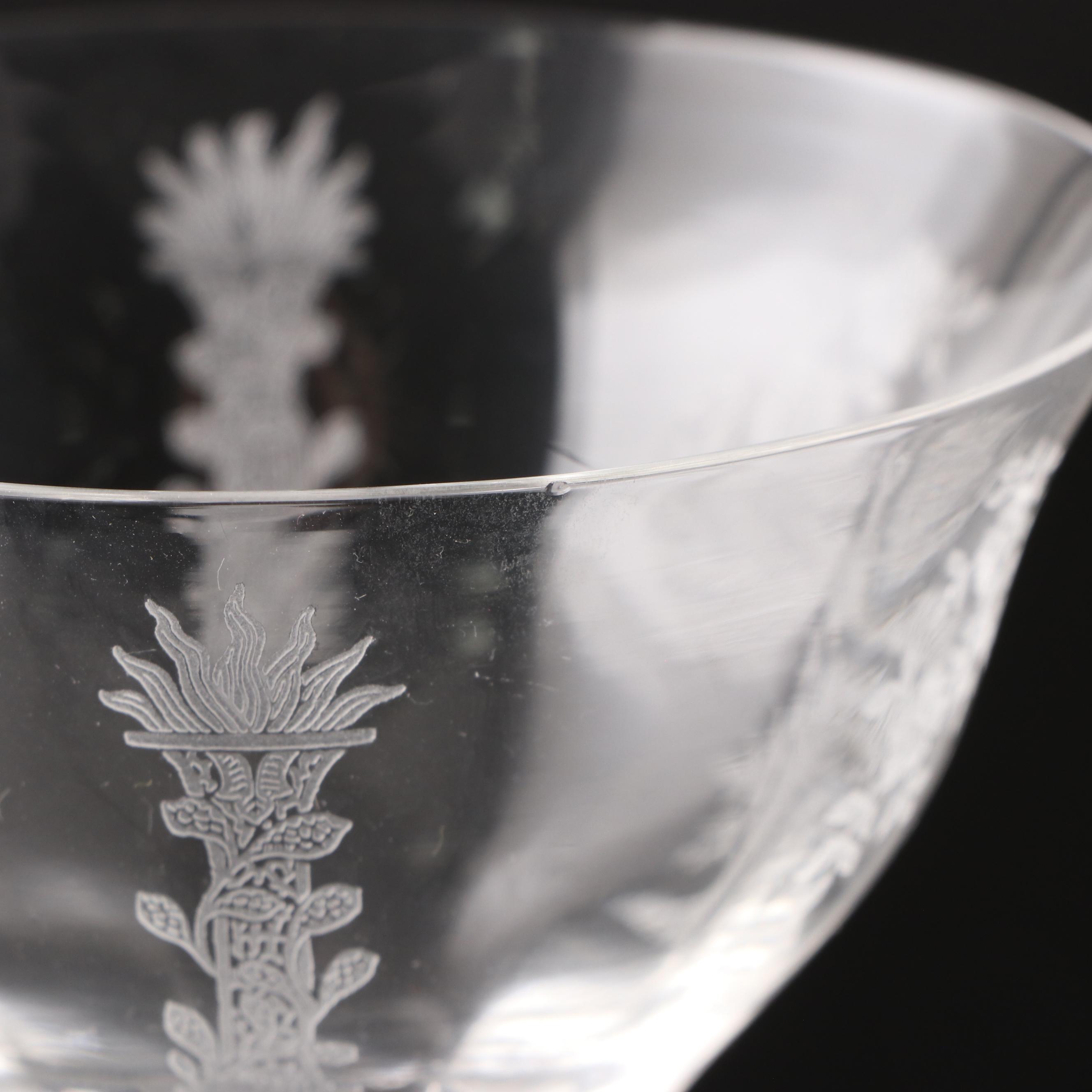 Tiffin-Franciscan "Persian Pheasant" Etched Optic Glass Stemware, 1945-1966