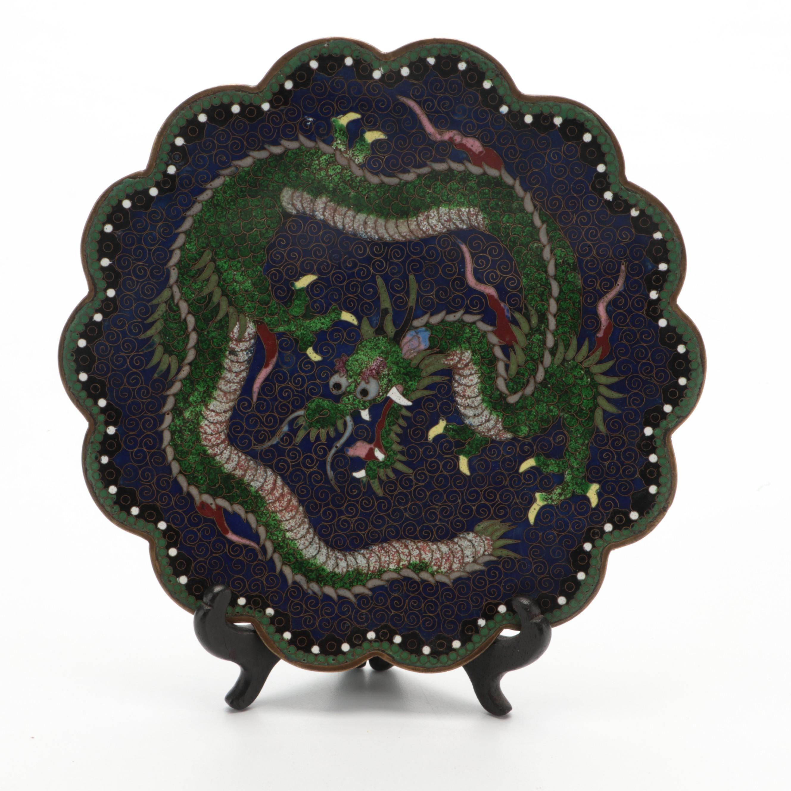 Japanese Cloisonné Dragon Motif Vase and Dish