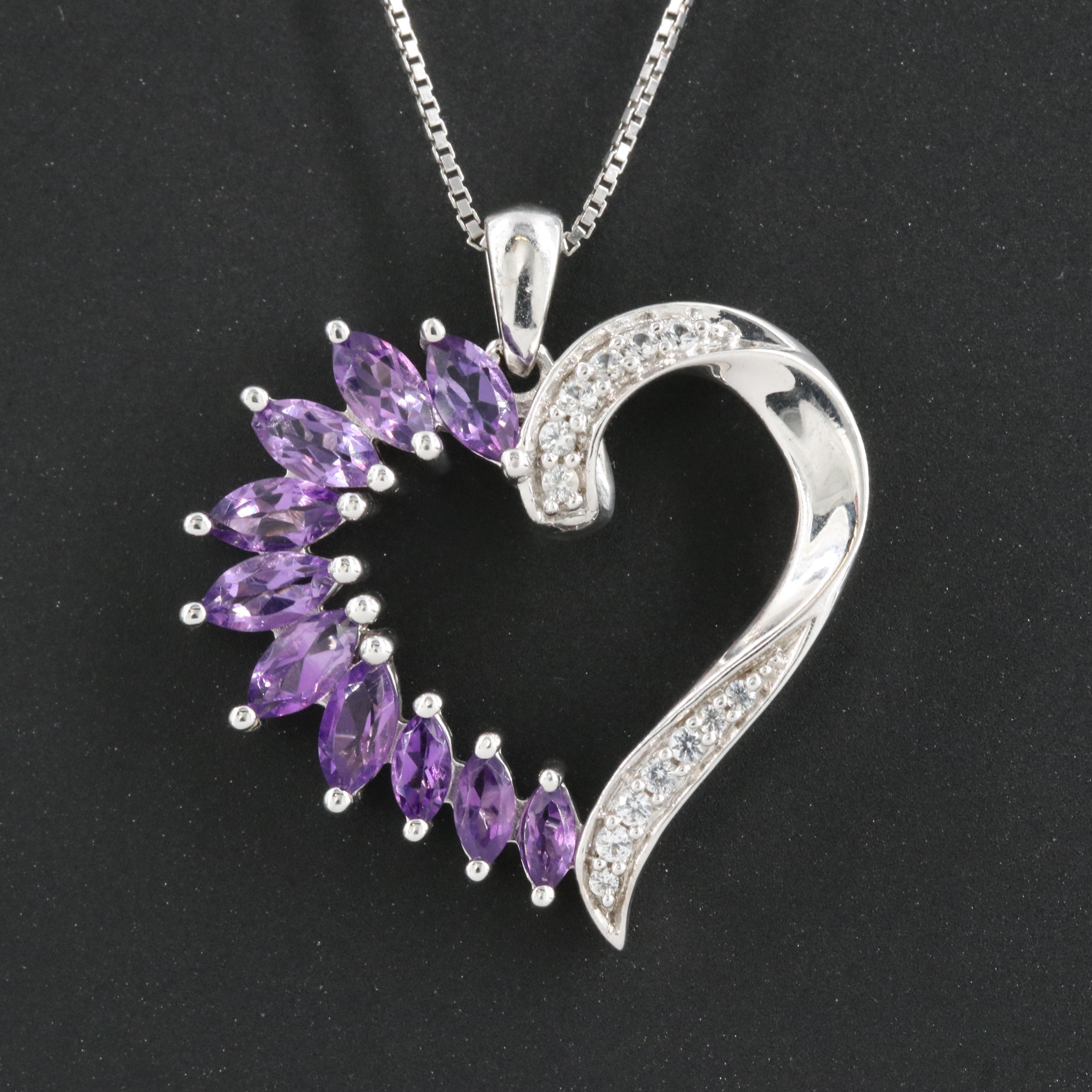 Sterling Amethyst and Sapphire Heart Pendant Necklace