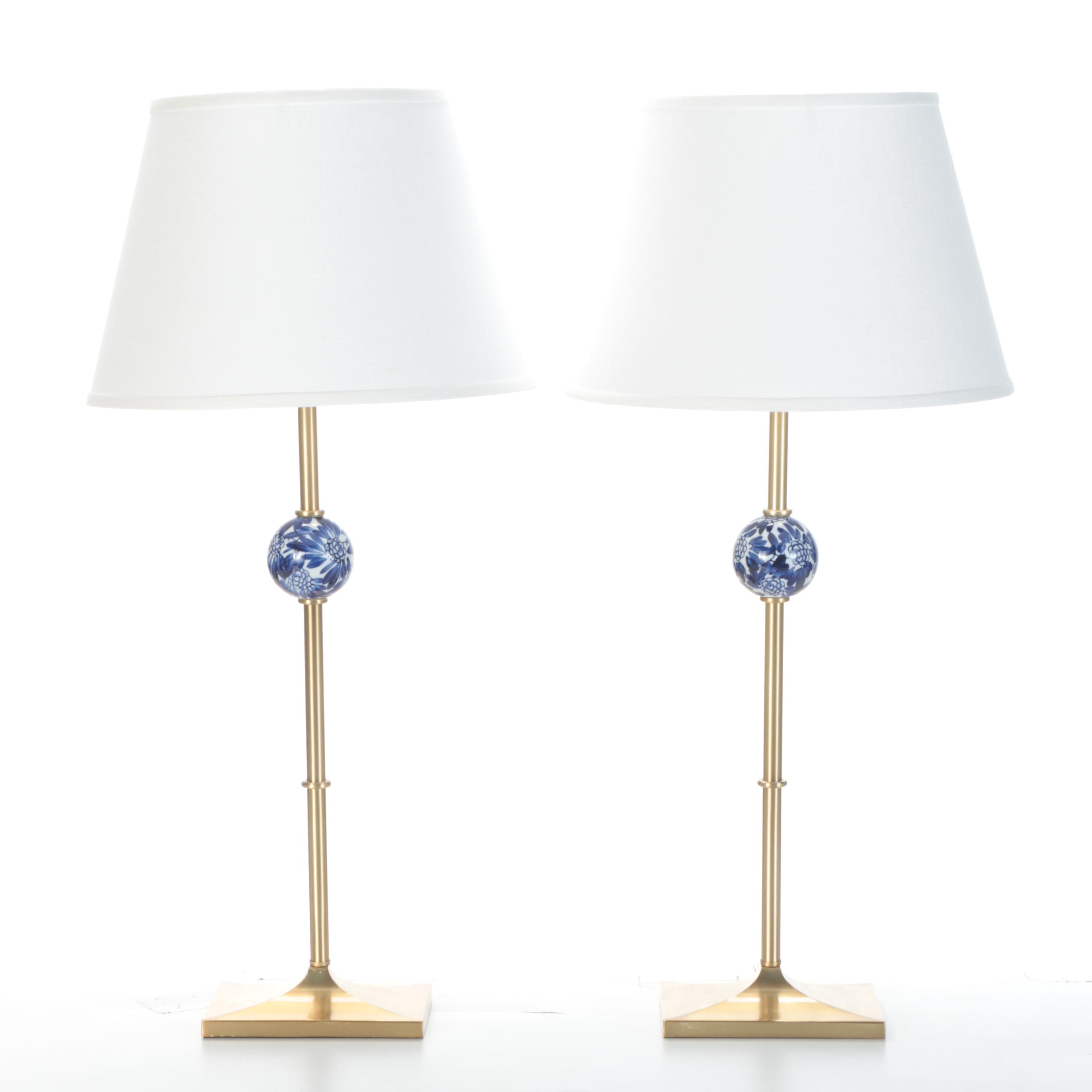 Ballard Designs Blue on White Porcelain Accented Brass Table Lamps