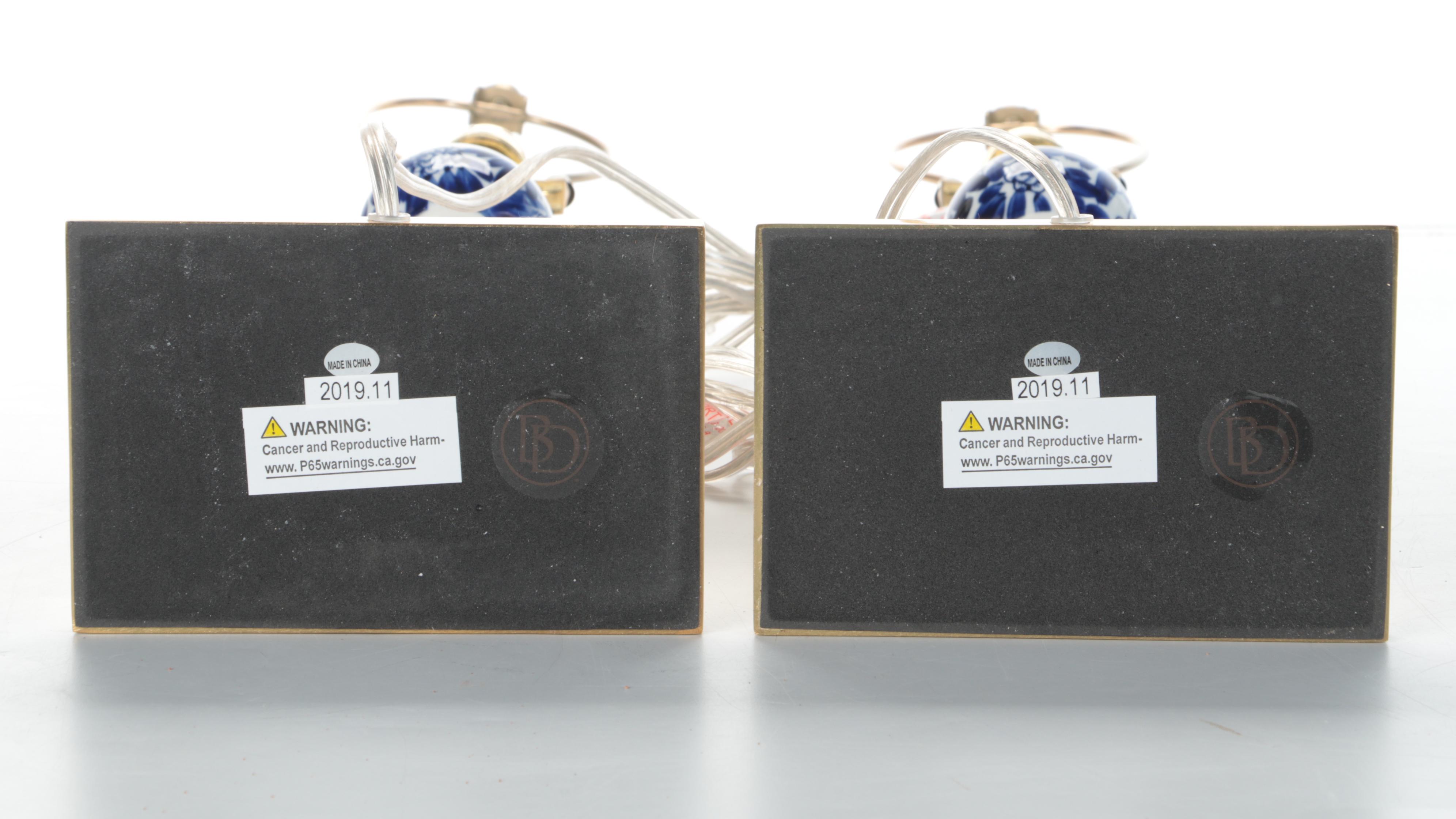 Ballard Designs Blue on White Porcelain Accented Brass Table Lamps