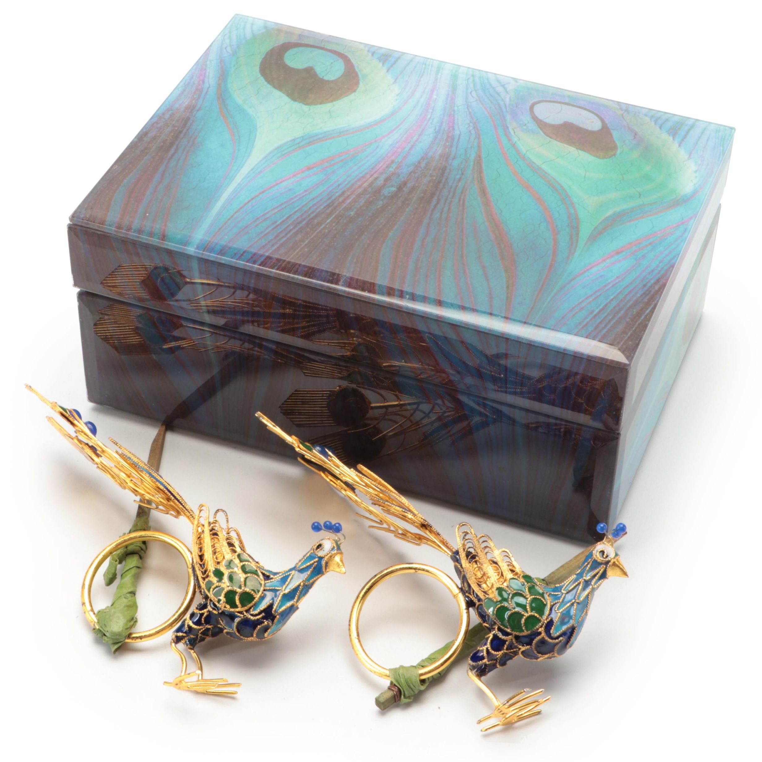 Cloisonne Peacocks With MMA Peacock Feather Jewelry Box