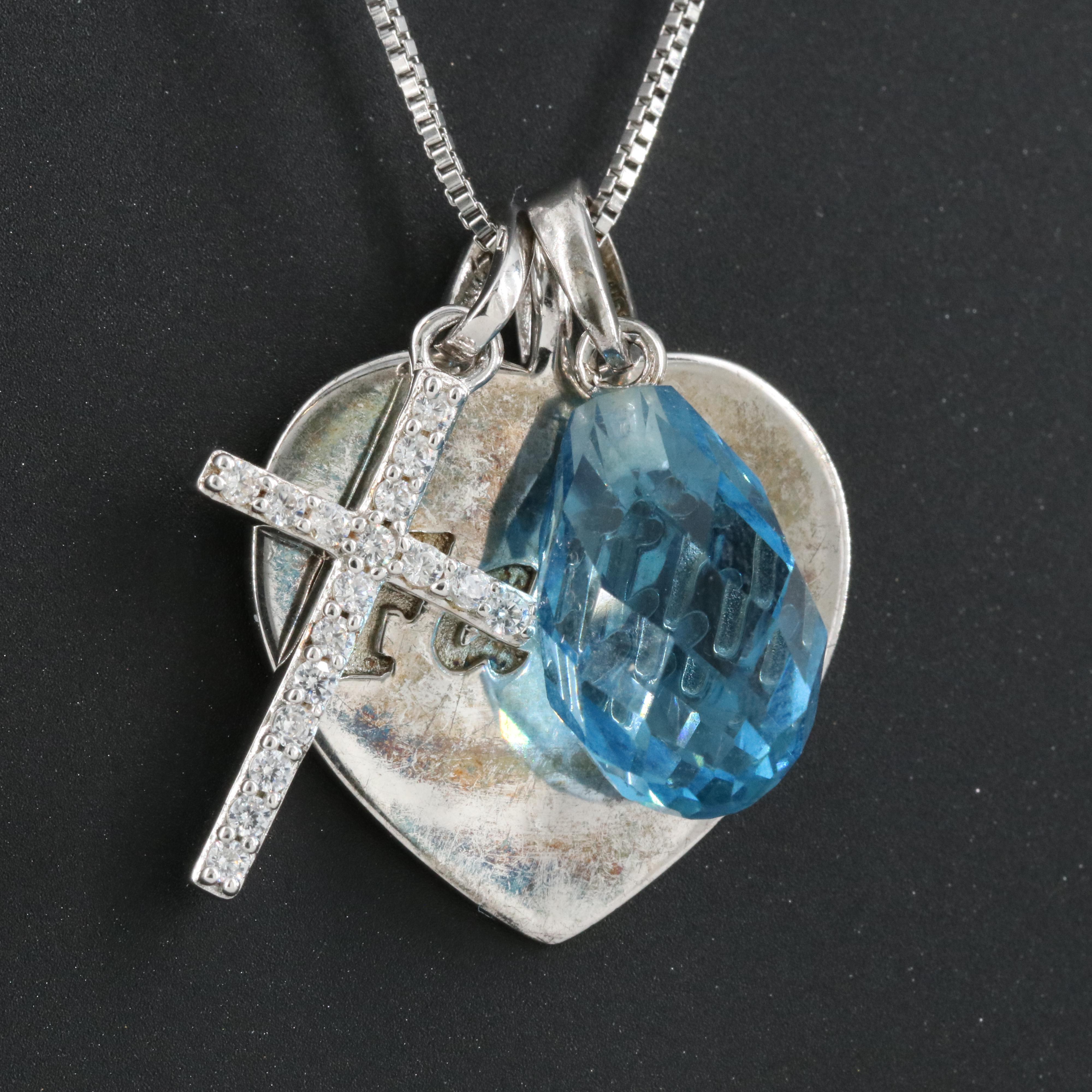 Sterling Topaz and Cubic Zirconia Cross and Faith Heart Pendant Necklace