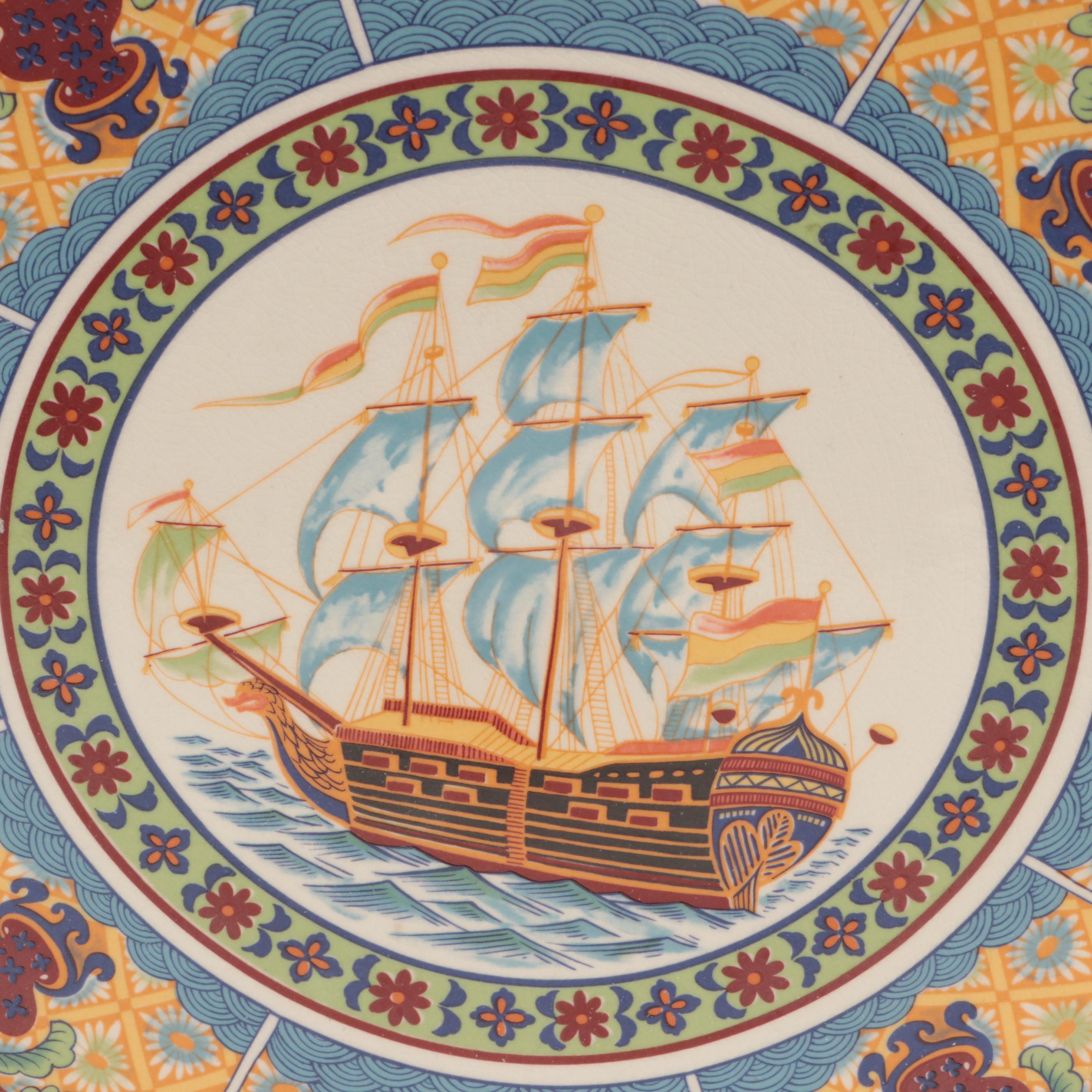 Japanese Export Imari Style Black Ship Porcelain Charger