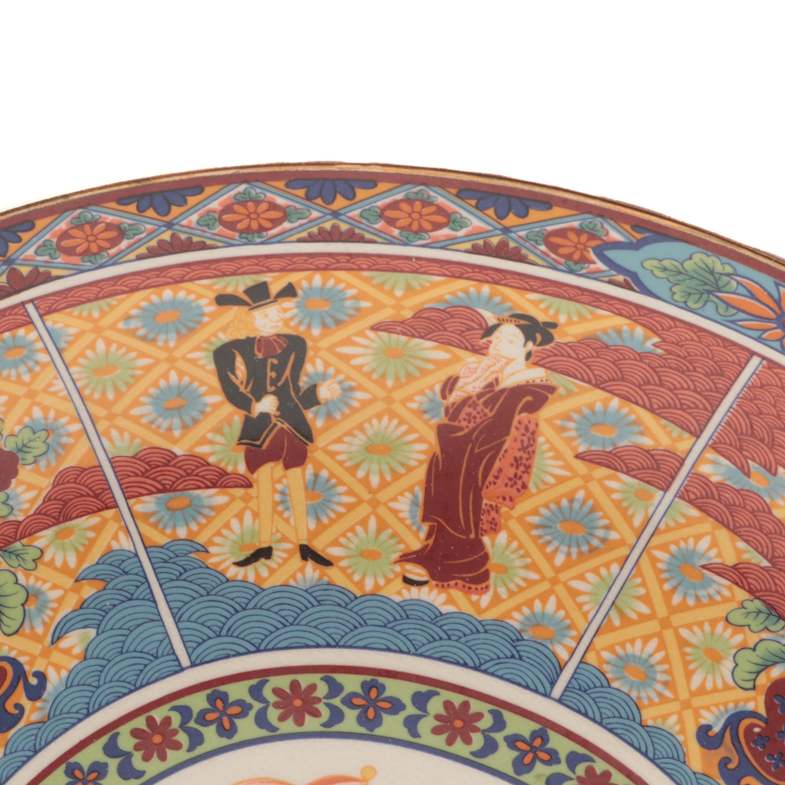 Japanese Export Imari Style Black Ship Porcelain Charger