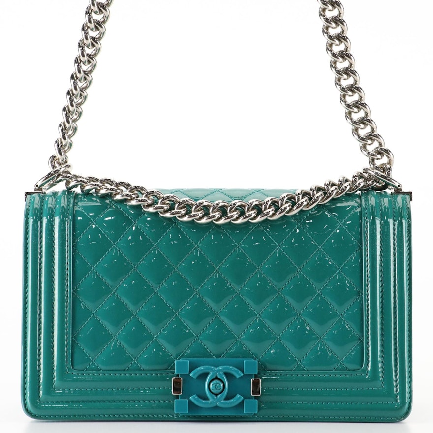 Chanel Boy Bag Medium in Patent Leather with Gourmette Chain