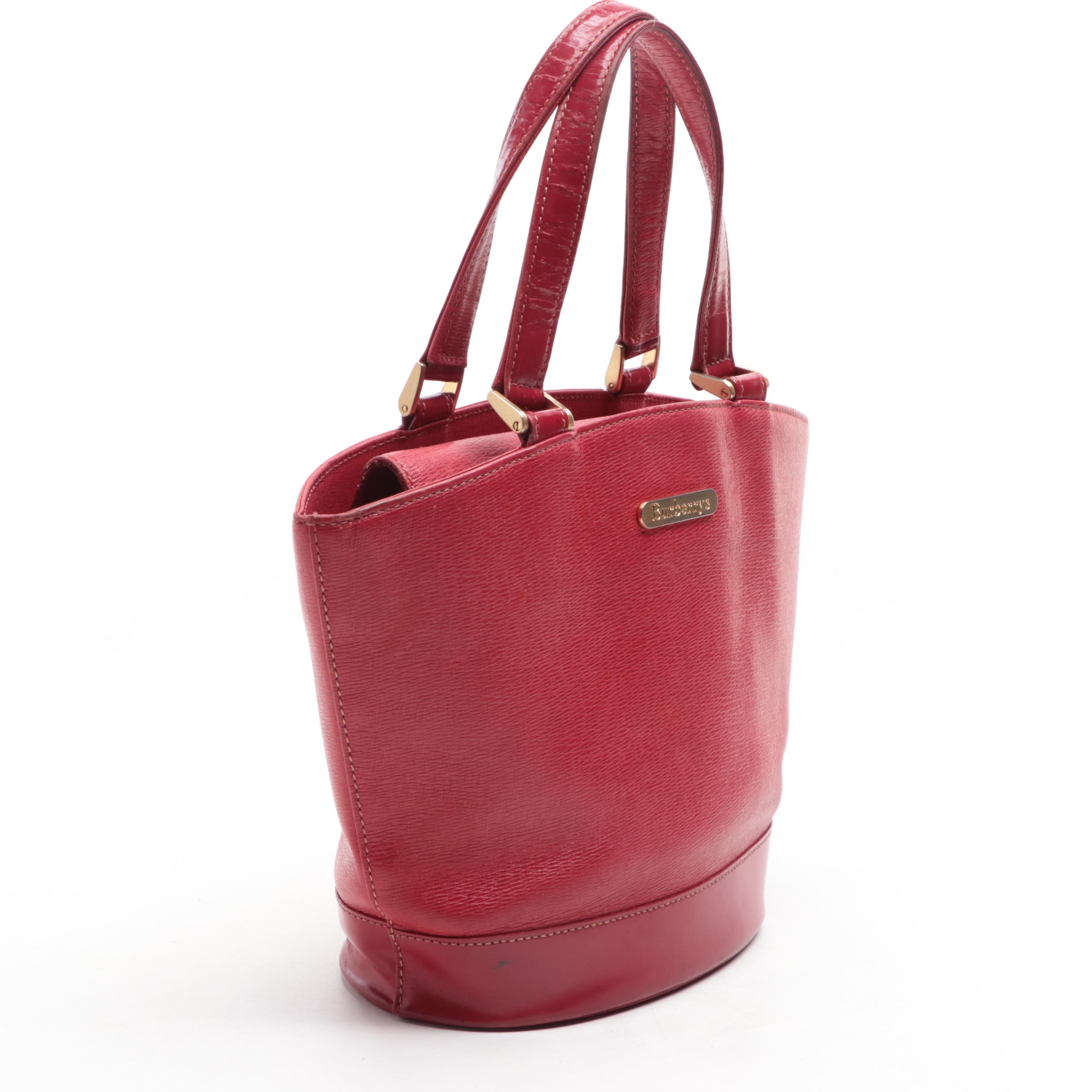 Burberrys Top Handle Handbag in Red Cross Grain Textured and Patent Leather