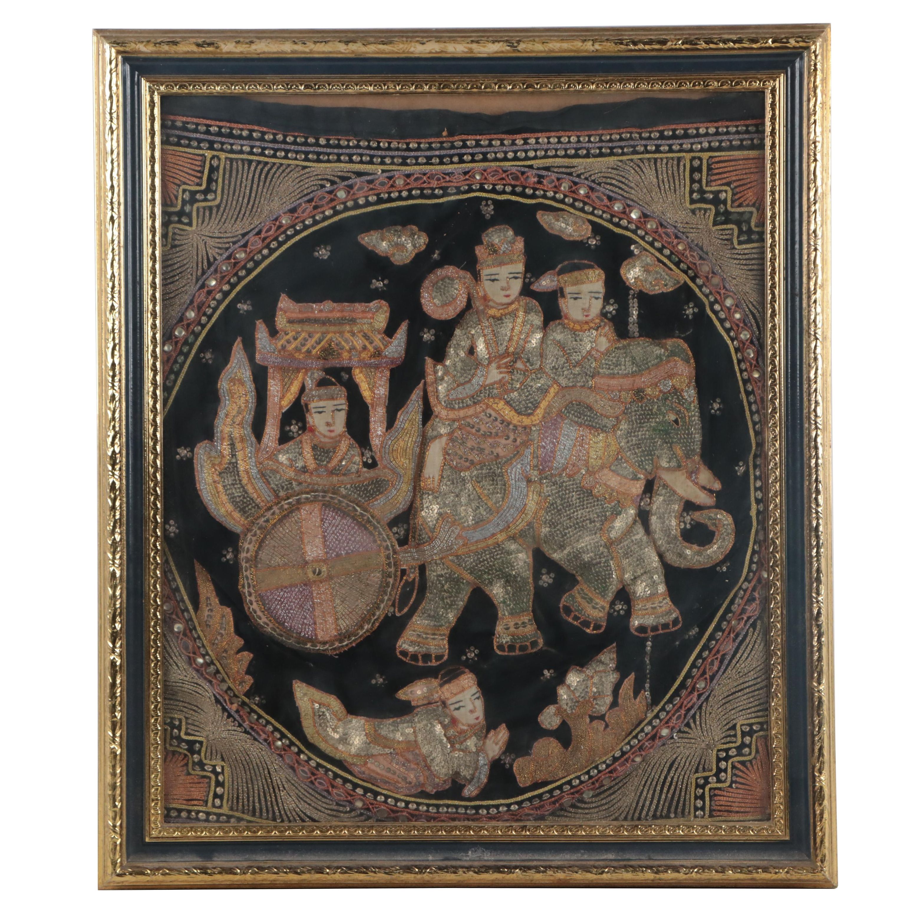 Burmese Kalaga Appliqué Tapestry in Frame