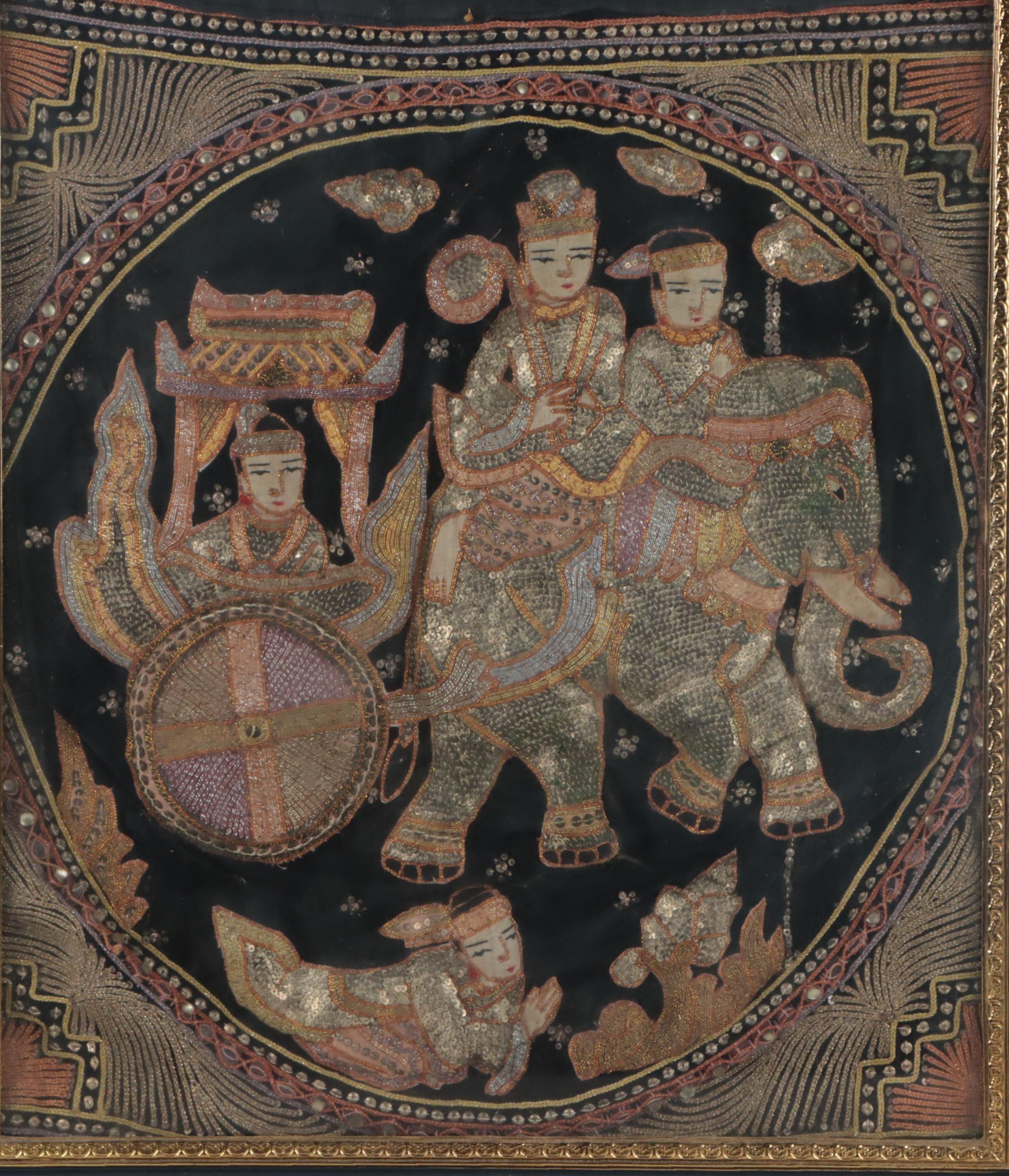 Burmese Kalaga Appliqué Tapestry in Frame