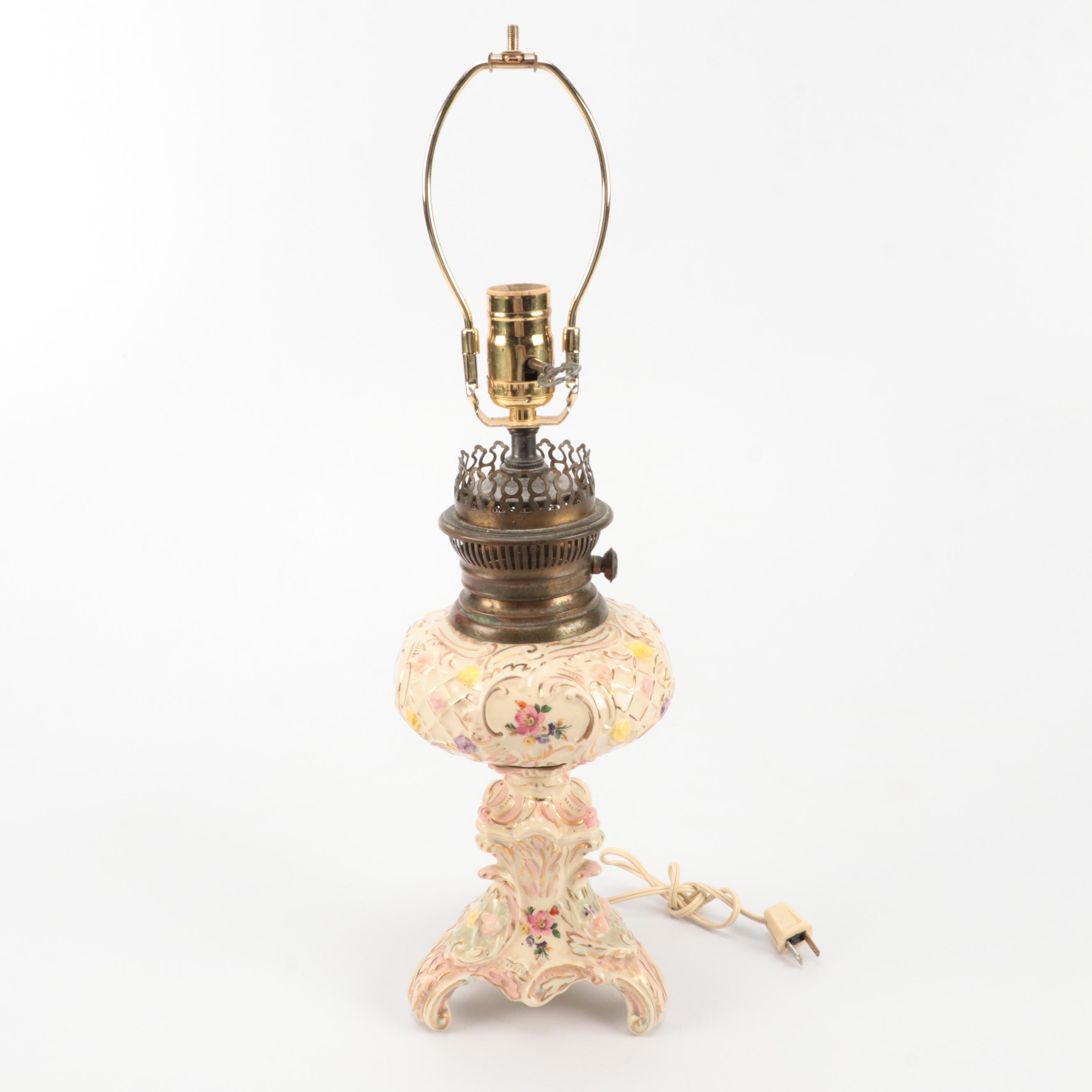 Capodimonte Style Floral Ceramic Oil Lamp, Adapted Mid-20th Century