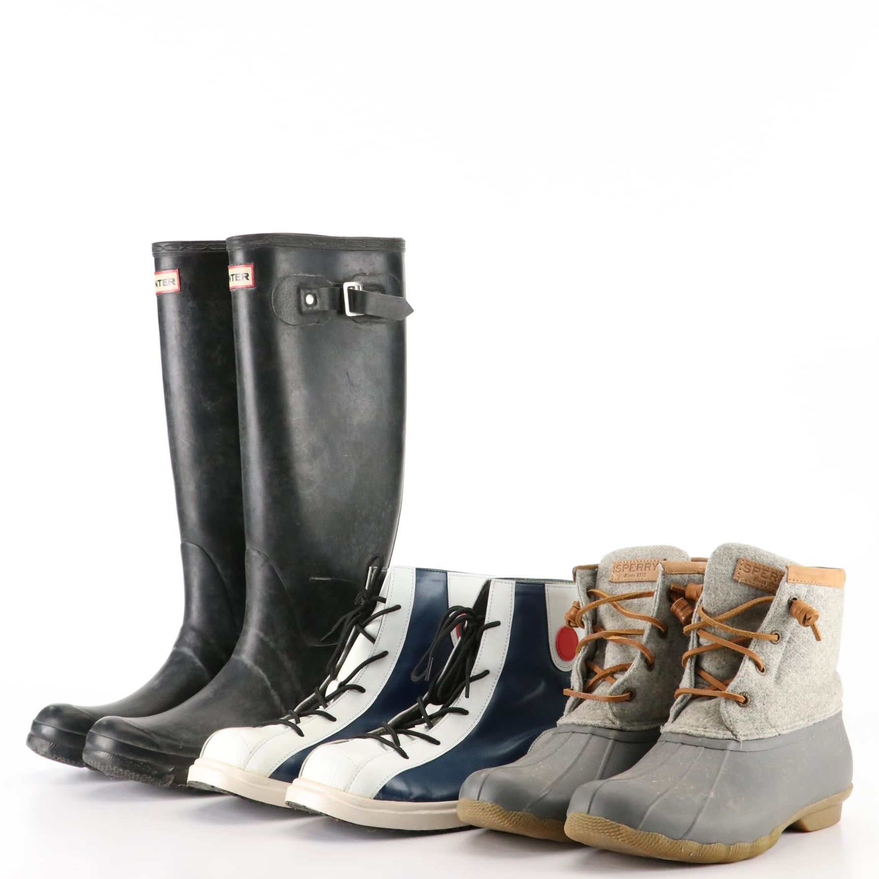 Hunter Tall Black Rain Boots, Sperry Duck Boots, and Men's High-Top Boots