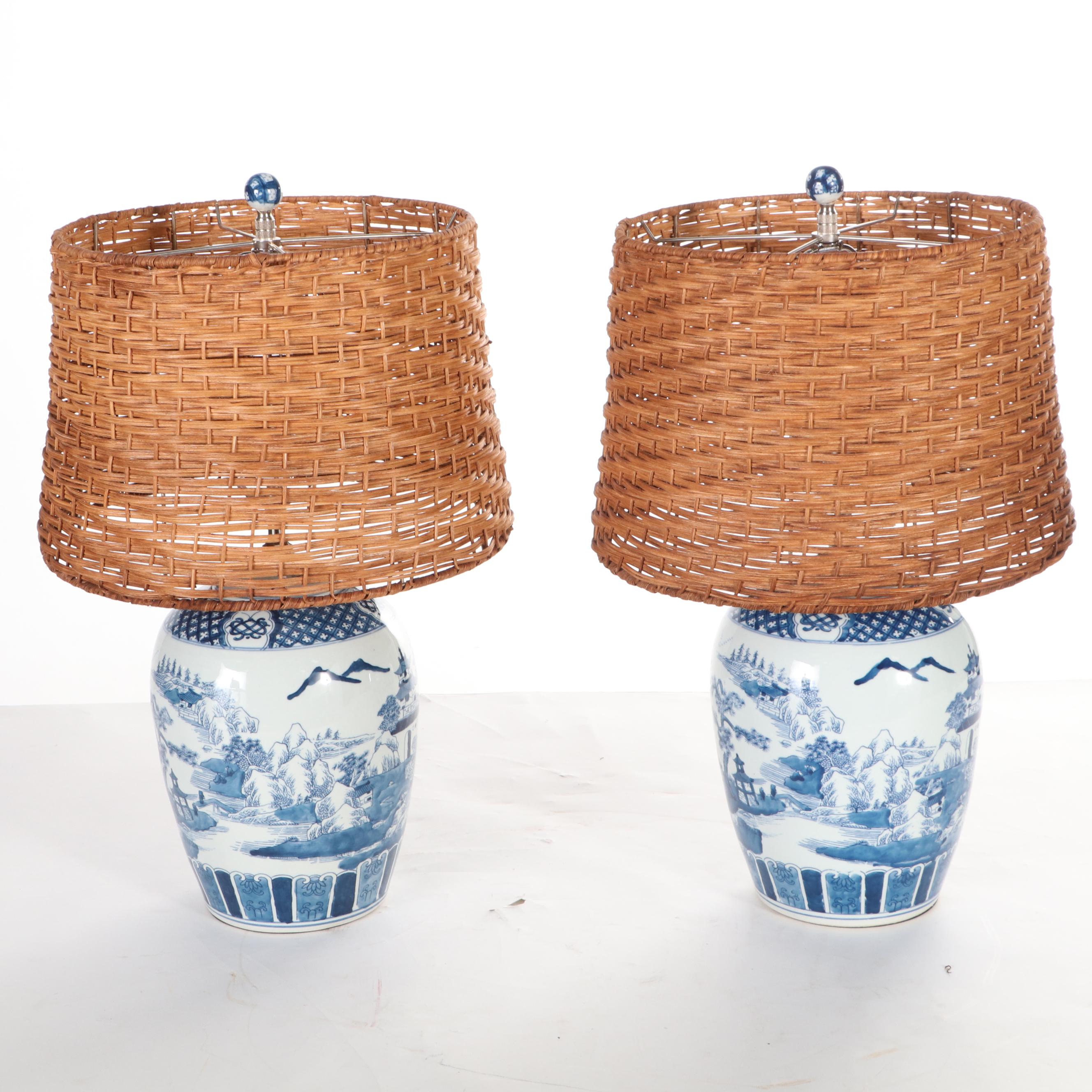 Frontgate Ming Style Blue and White Porcelain Table Lamps