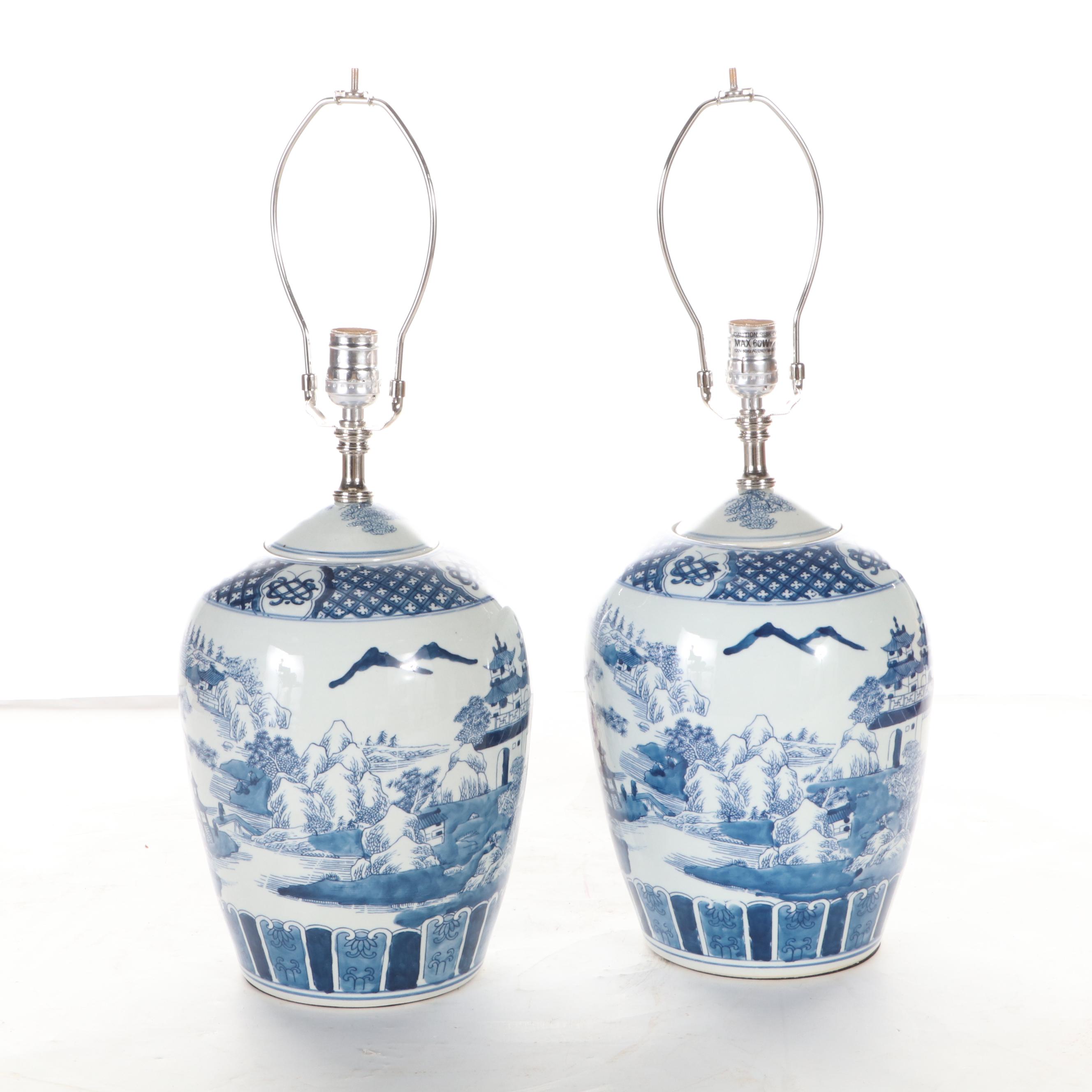 Frontgate Ming Style Blue and White Porcelain Table Lamps