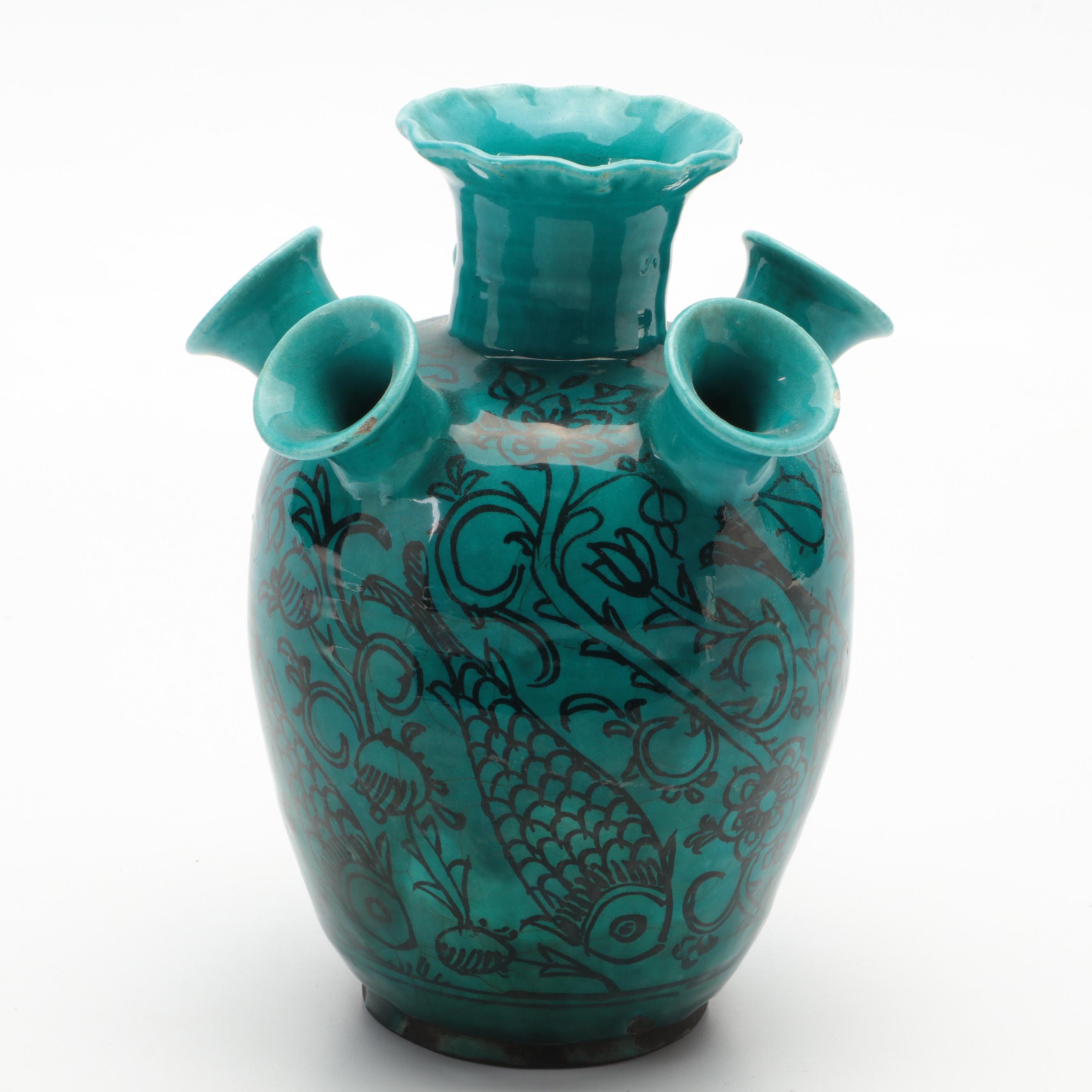 Persian Kashan Turquoise Glazed Earthenware Tulipiere, Late 19th Century
