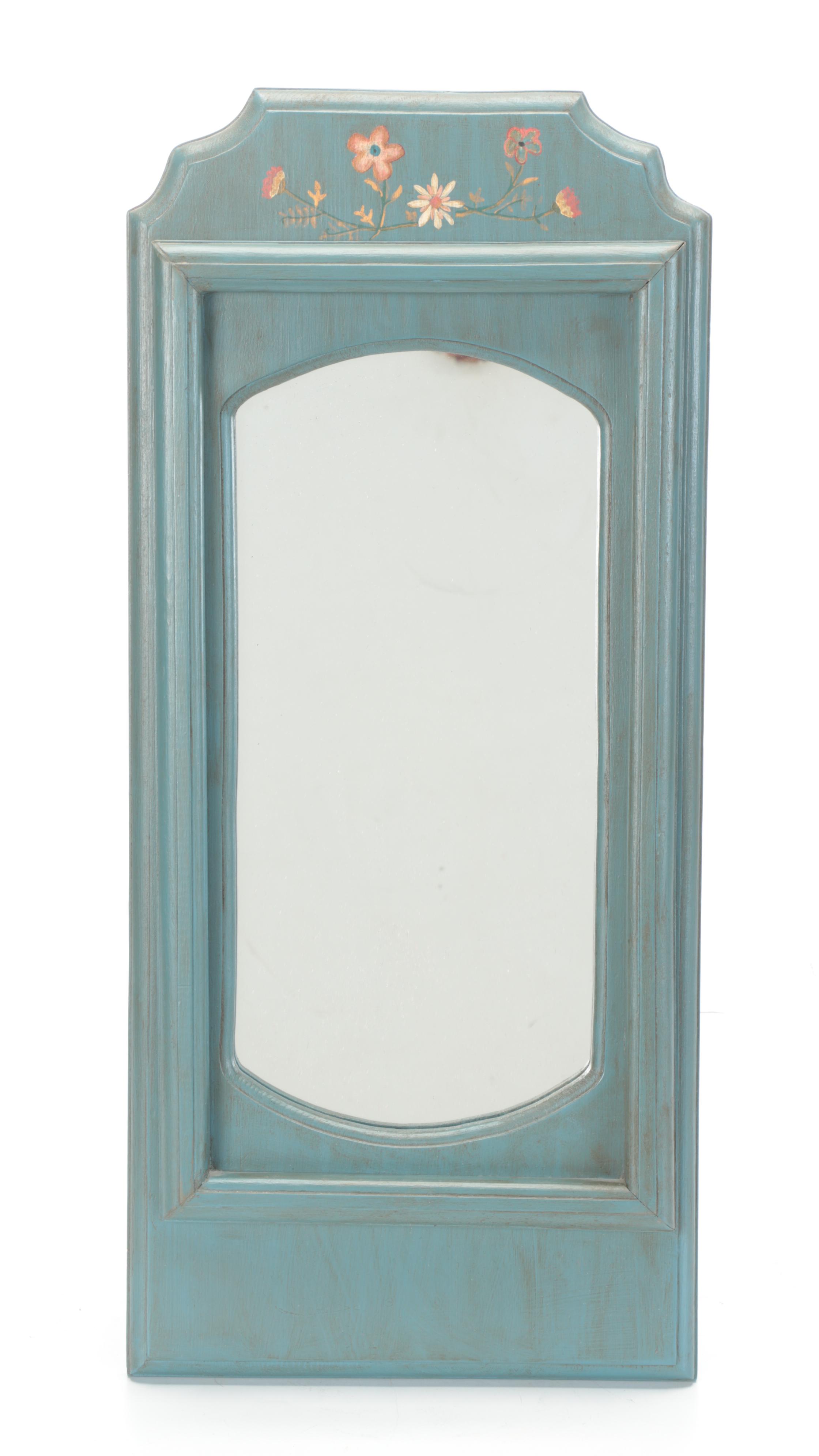 Wooden Wall Shelf with Hand-Painted Floral Mirror