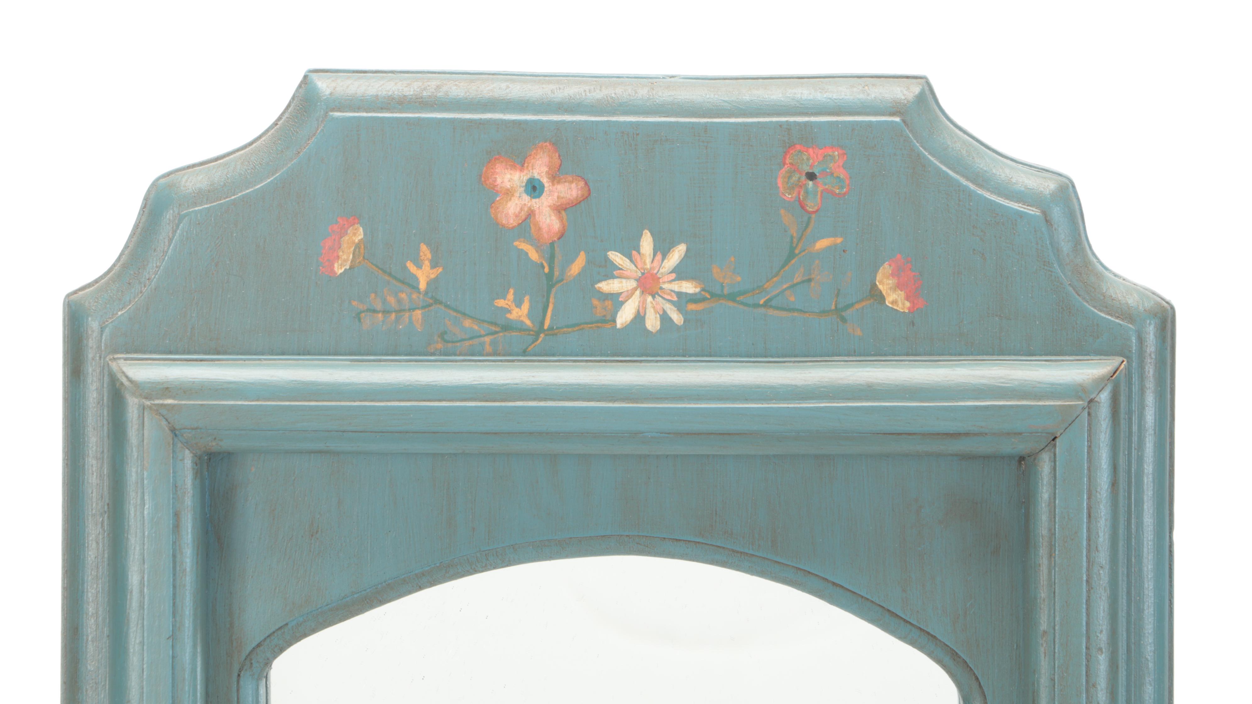 Wooden Wall Shelf with Hand-Painted Floral Mirror