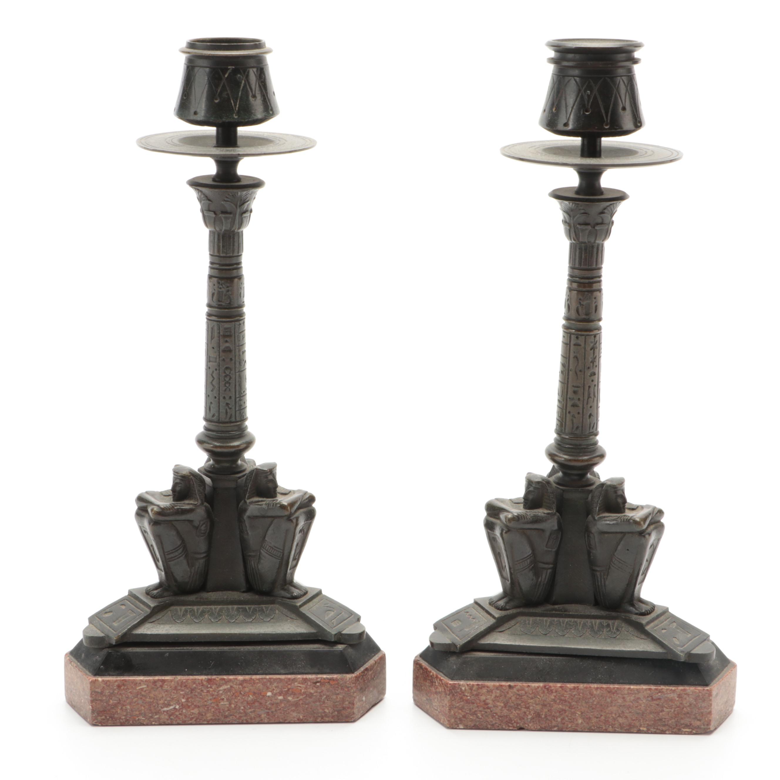 Egyptian Revival Bronze and Marble Candlesticks, Late 19th Century