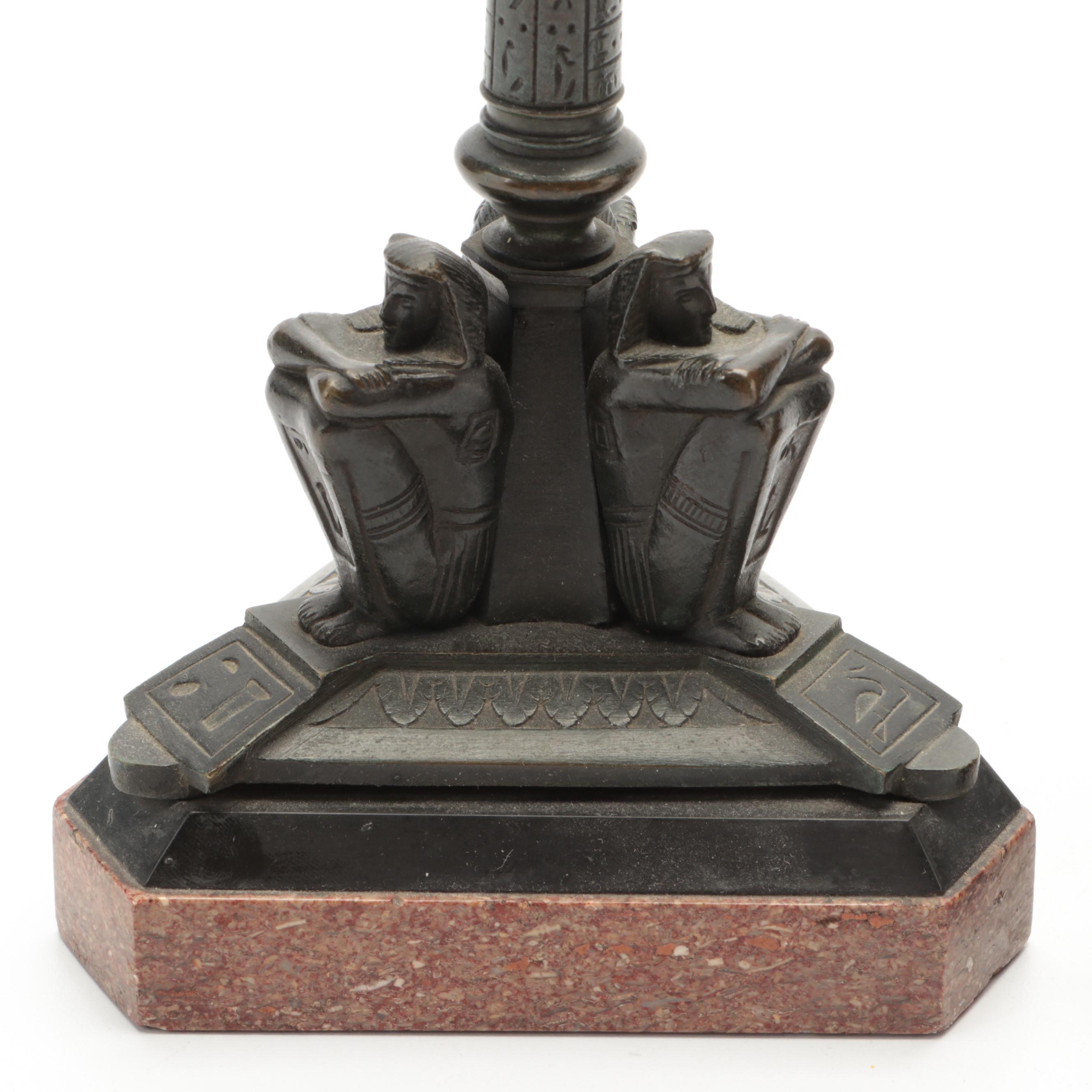 Egyptian Revival Bronze and Marble Candlesticks, Late 19th Century