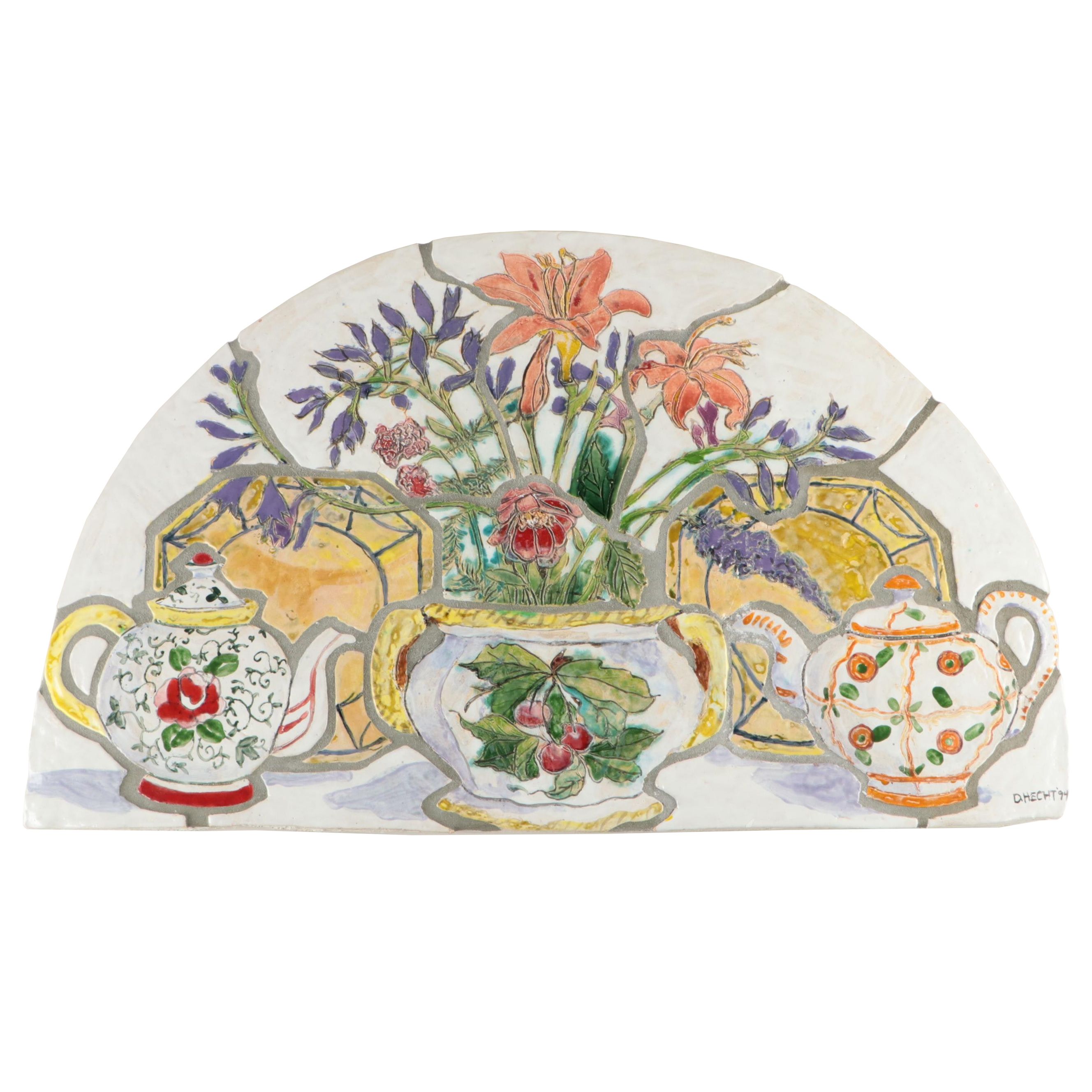 Deborah Hecht Studio Hand-Painted Stoneware Fired Wall Plaque, 1994