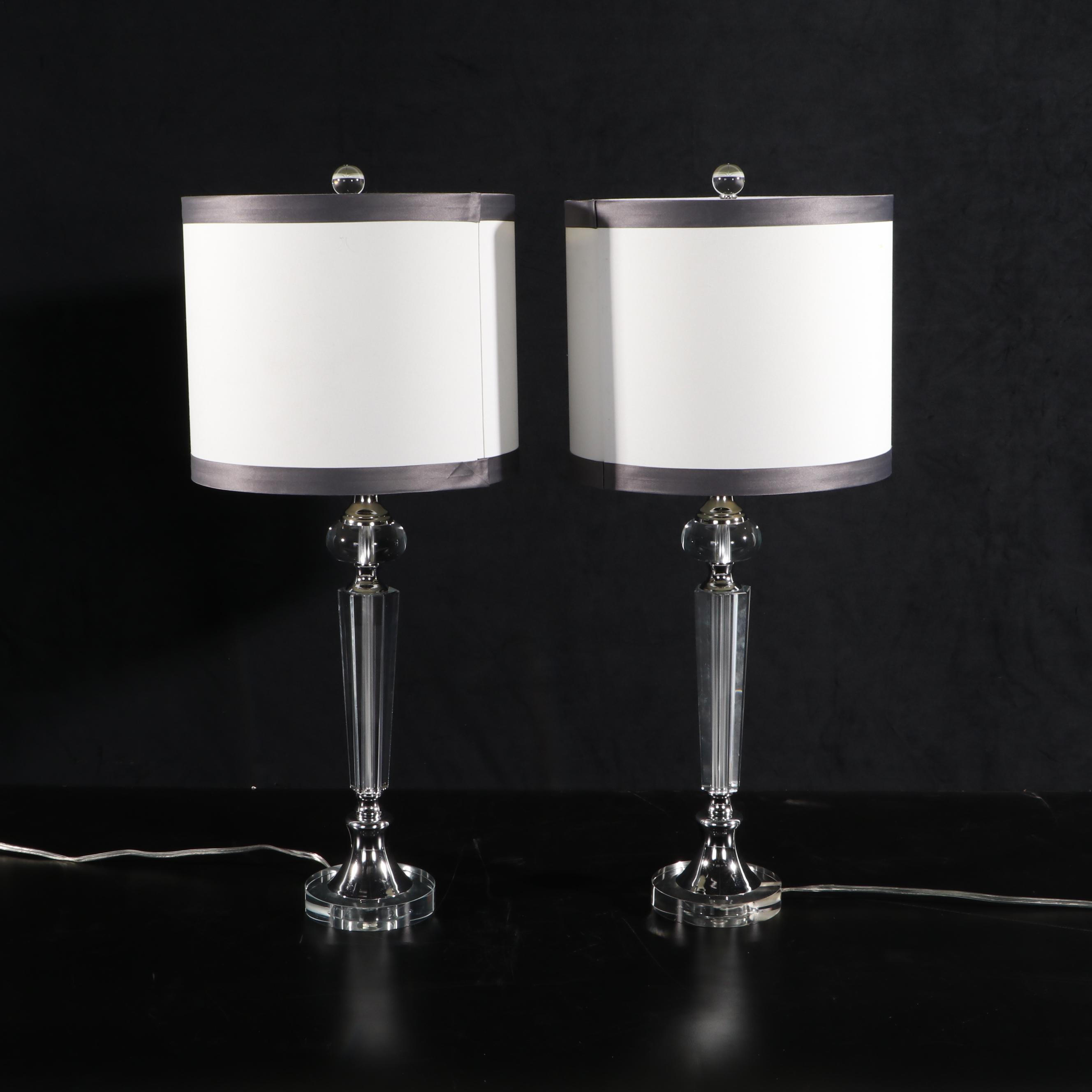 Pair of Glass and Chromed Metal Table Lamps With Tailored Shades