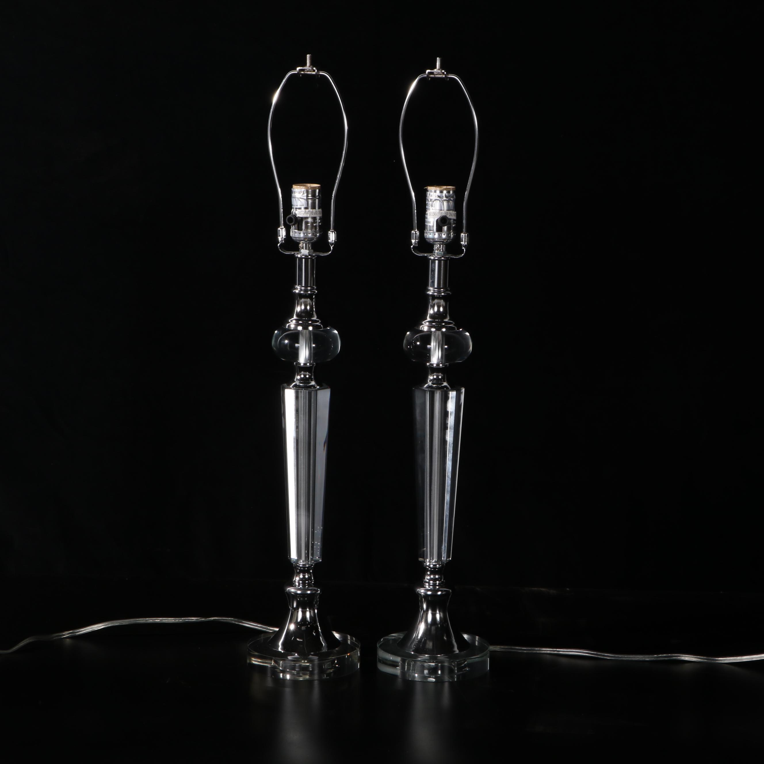 Pair of Glass and Chromed Metal Table Lamps With Tailored Shades