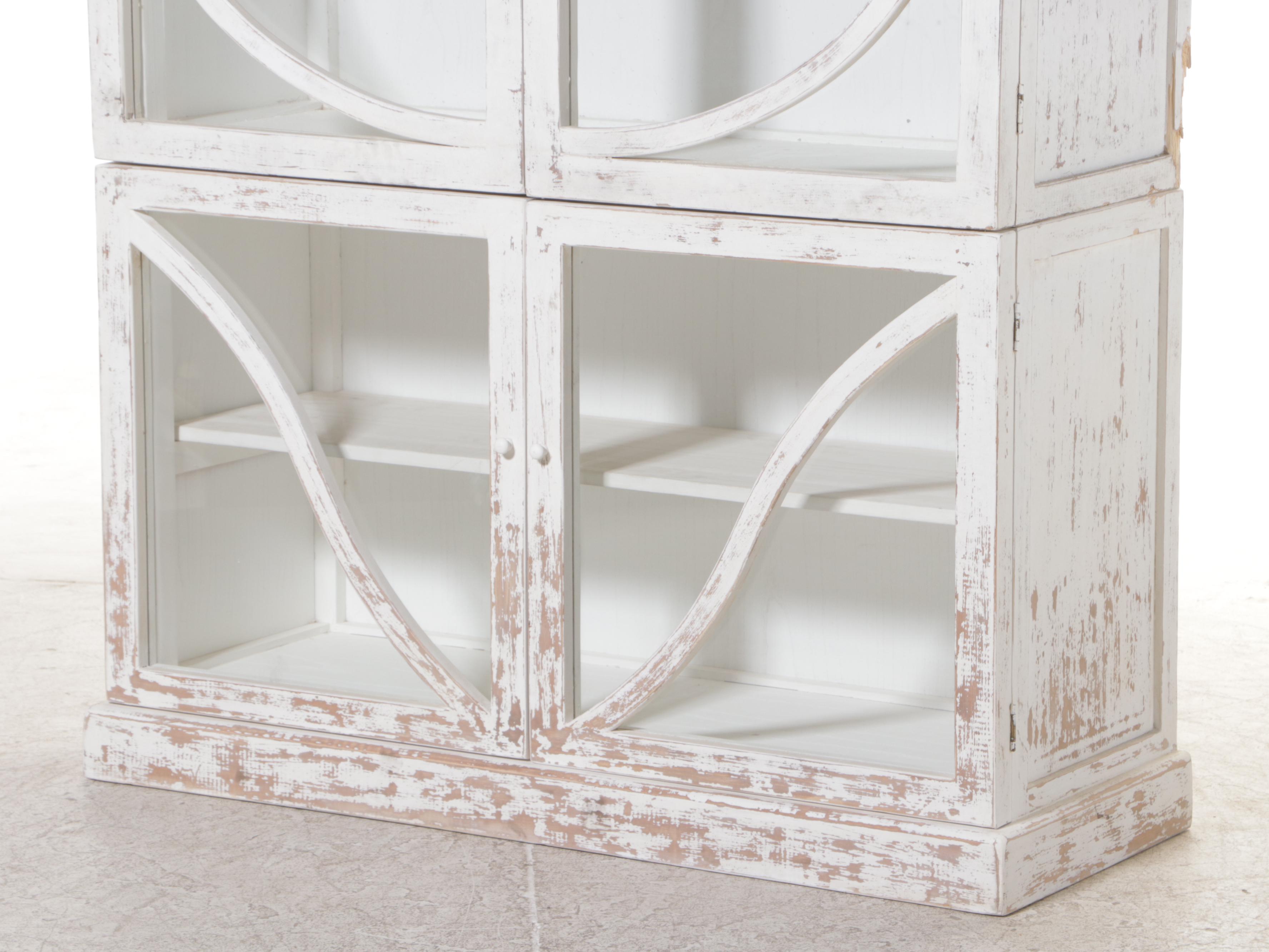 Contemporary Rustic Finish White-Painted Wood and Glass Cabinet