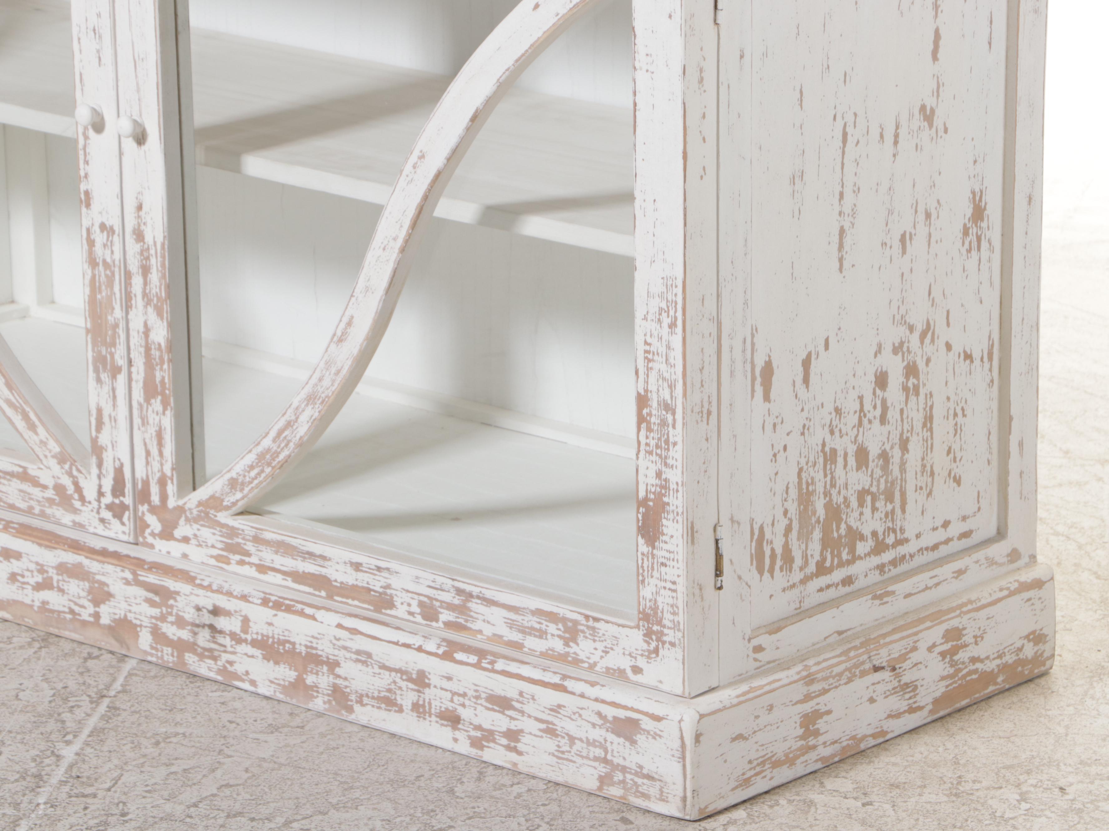 Contemporary Rustic Finish White-Painted Wood and Glass Cabinet