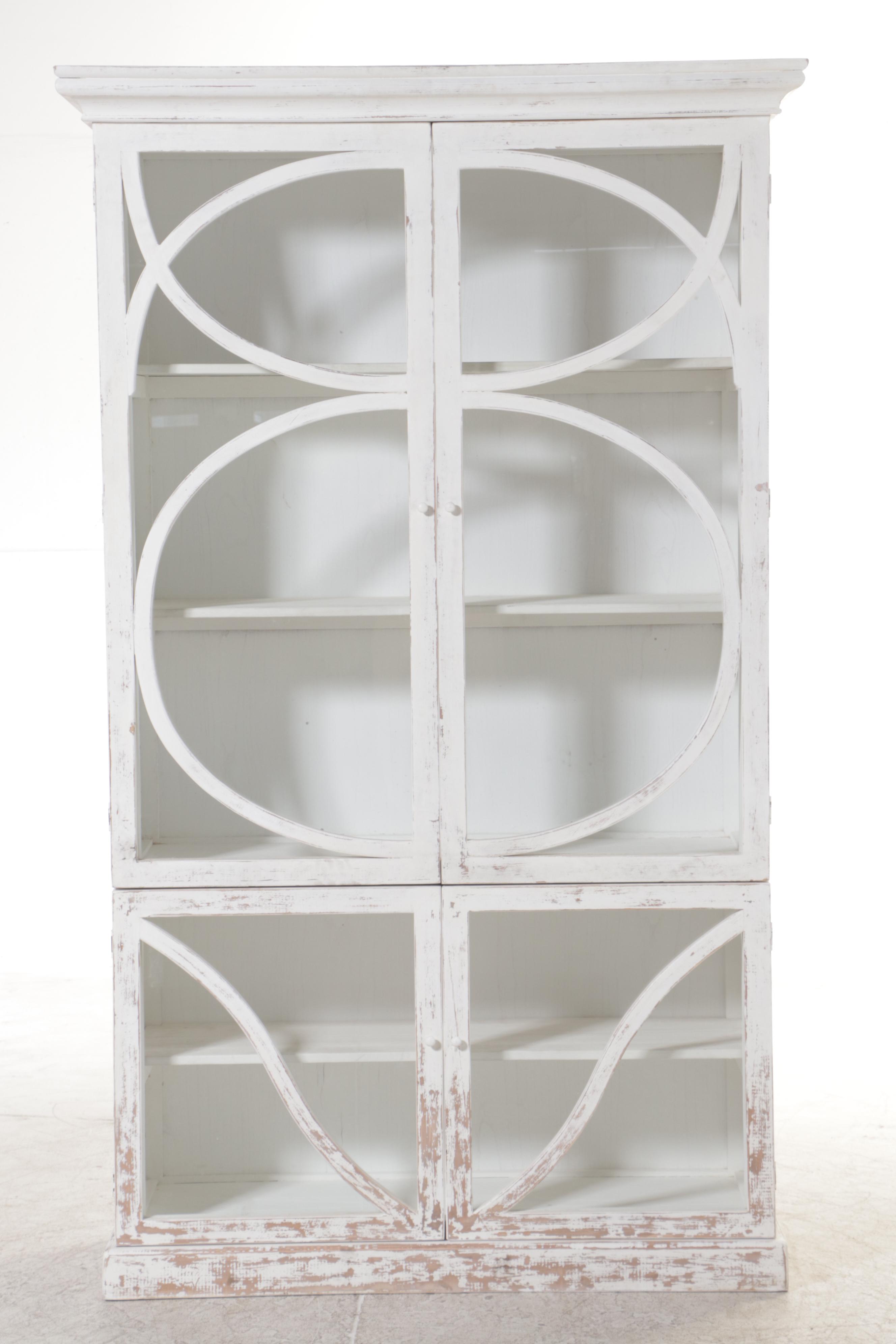 Contemporary Rustic Finish White-Painted Wood and Glass Cabinet