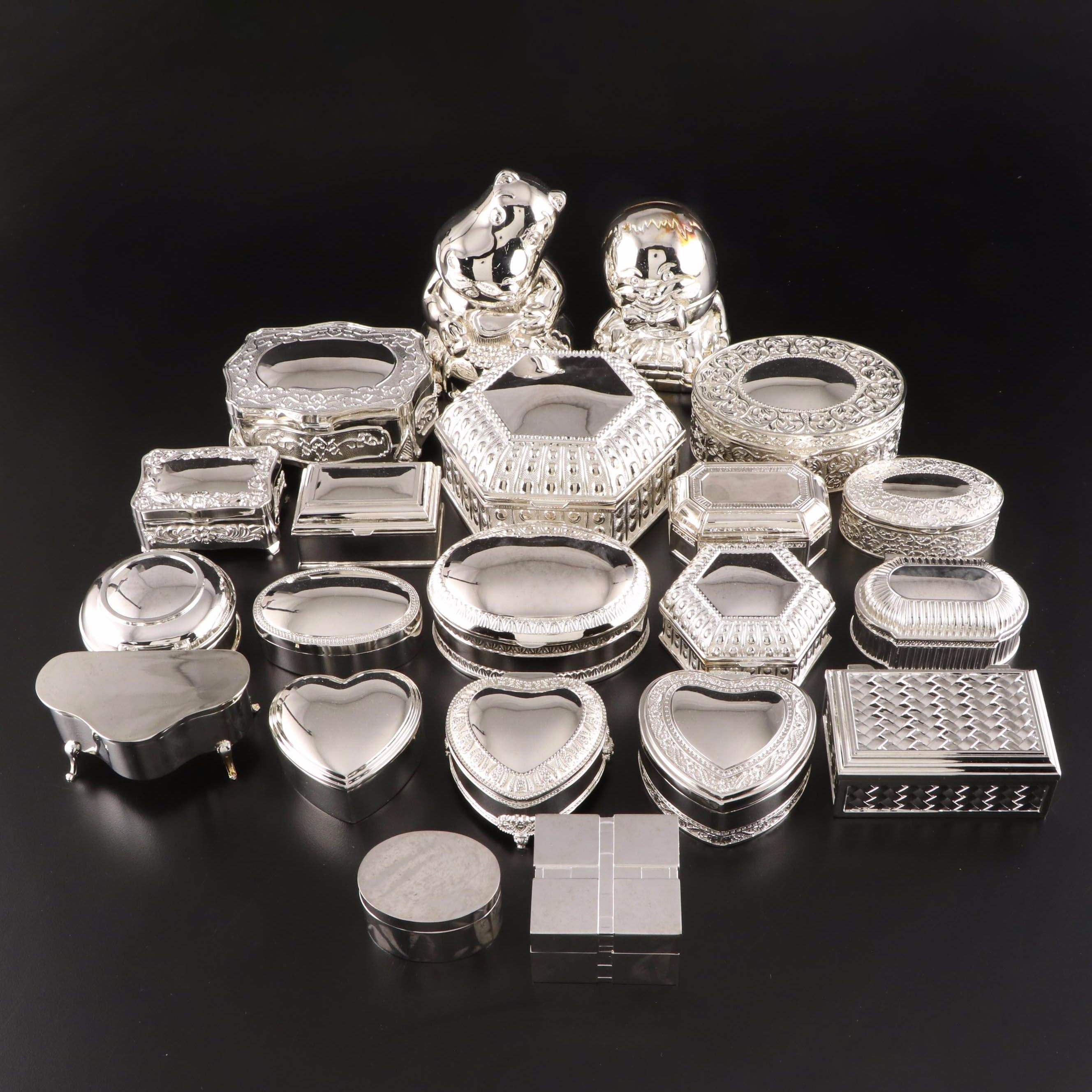 Humpty Dumpty and Hippo Silver and Pewter Finish Banks and Jewelry Boxes