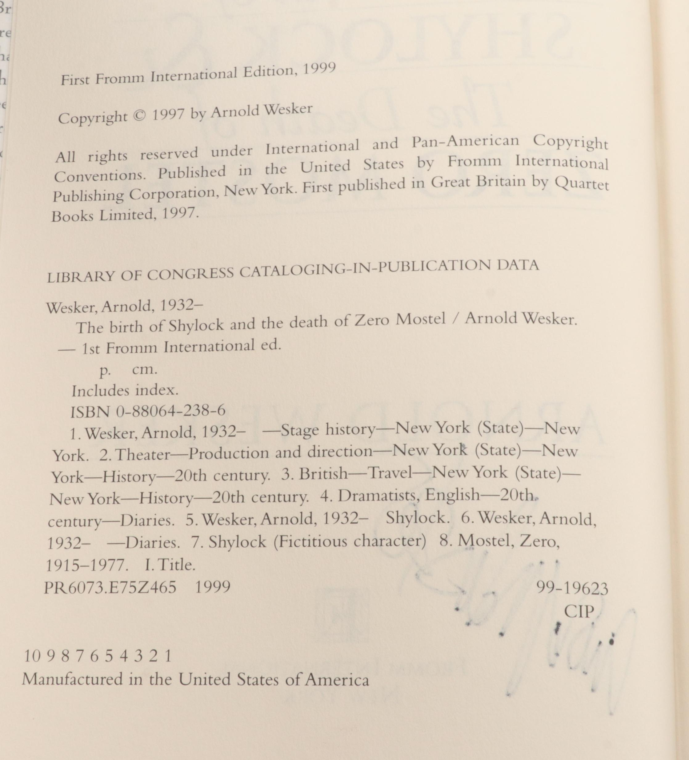 Signed First Edition "The Birth of Shylock" by Arnold Wesker and More Books