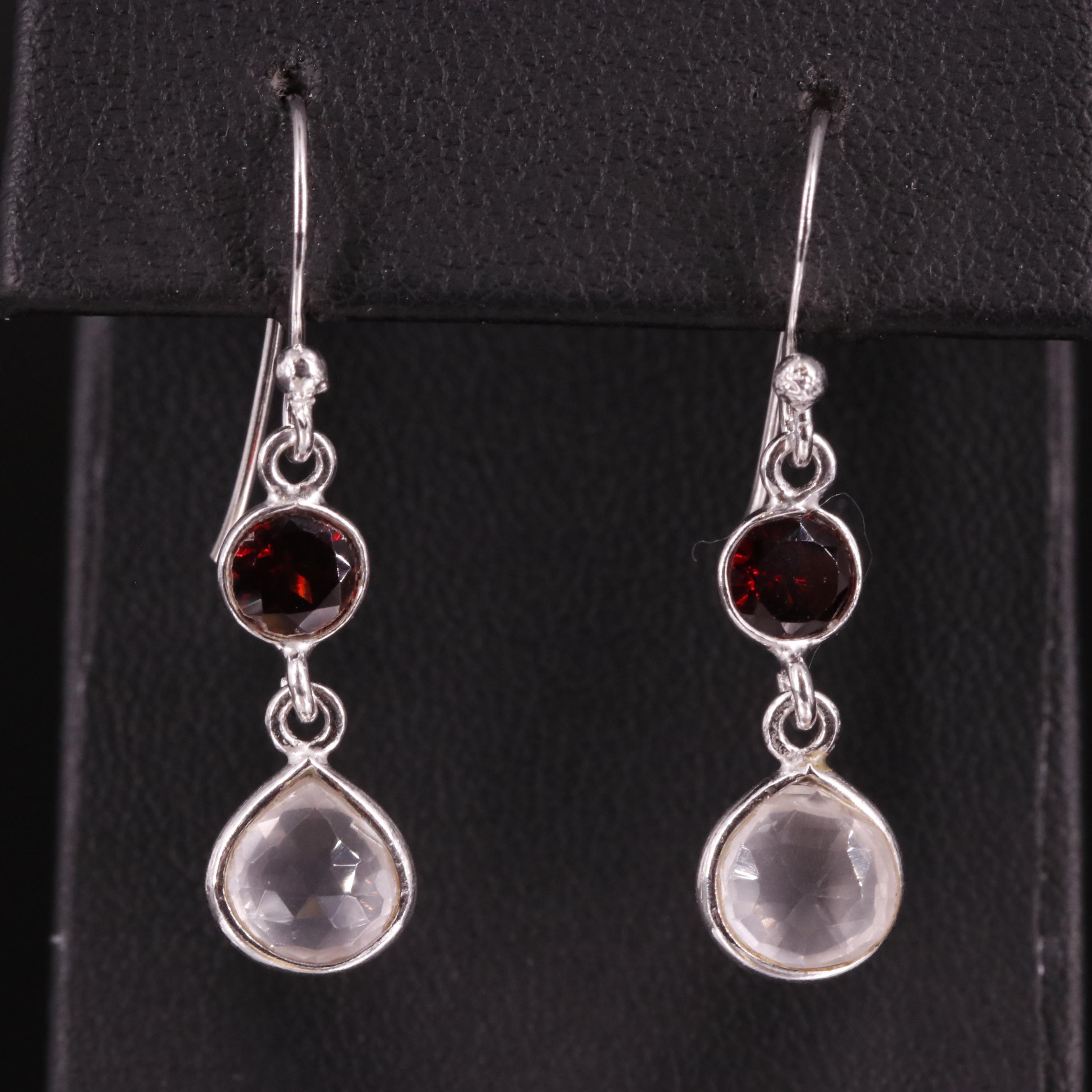 Sterling Rose Quartz and Garnet Drop Earrings