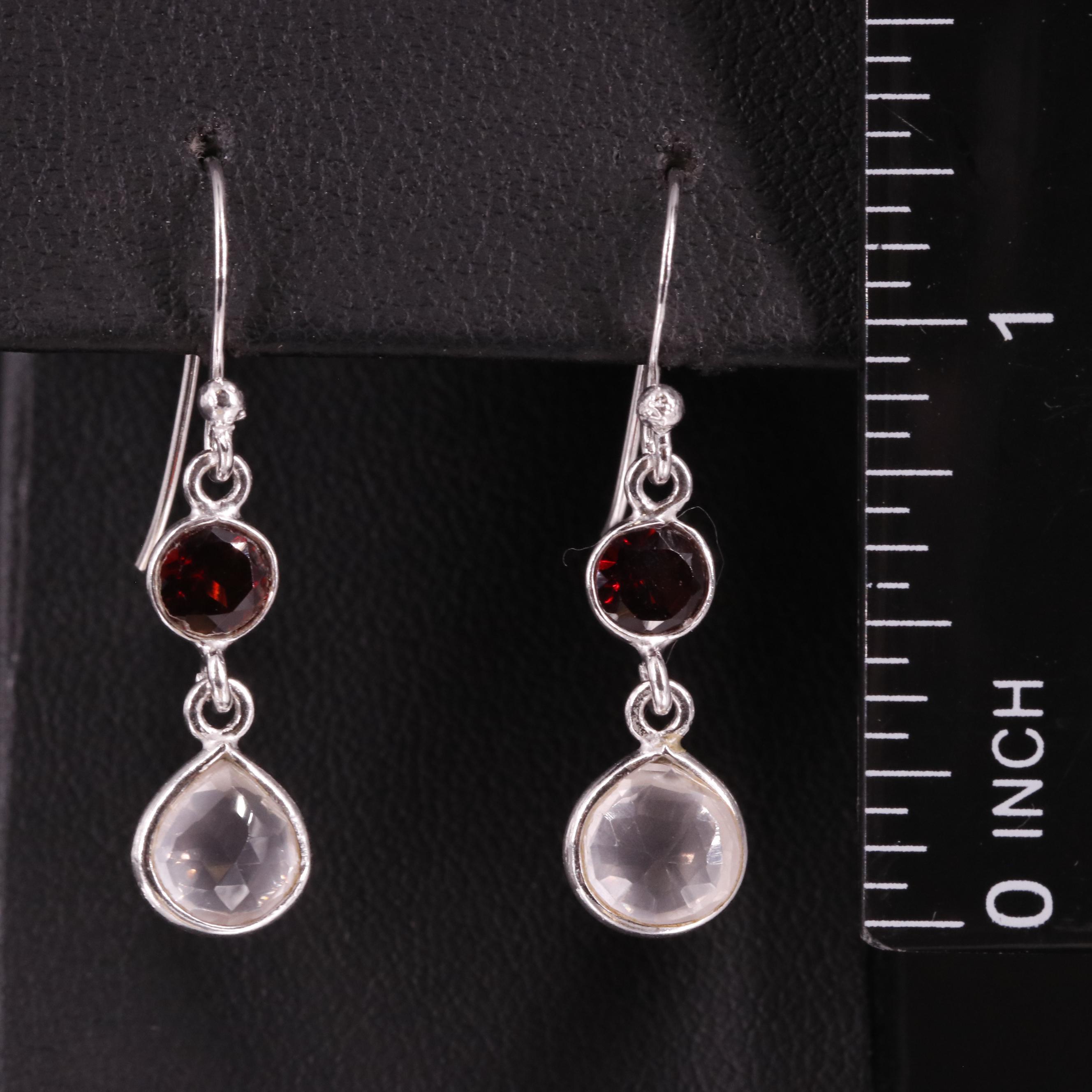 Sterling Rose Quartz and Garnet Drop Earrings
