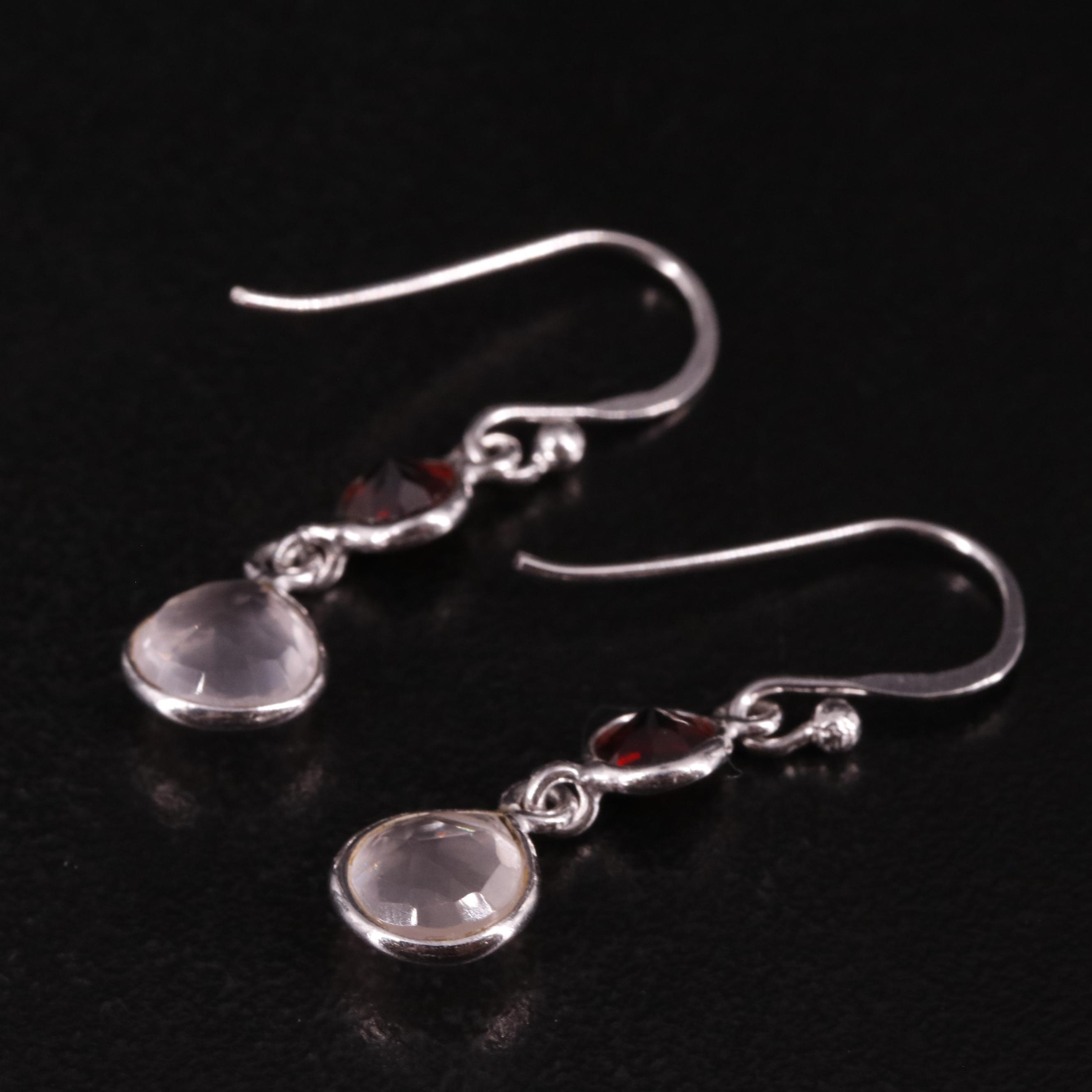 Sterling Rose Quartz and Garnet Drop Earrings