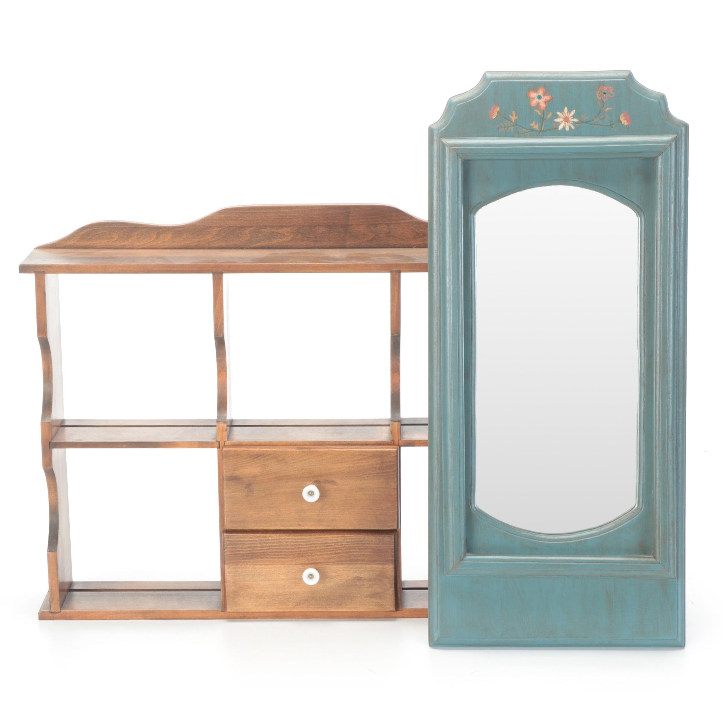 Wooden Wall Shelf with Hand-Painted Floral Mirror