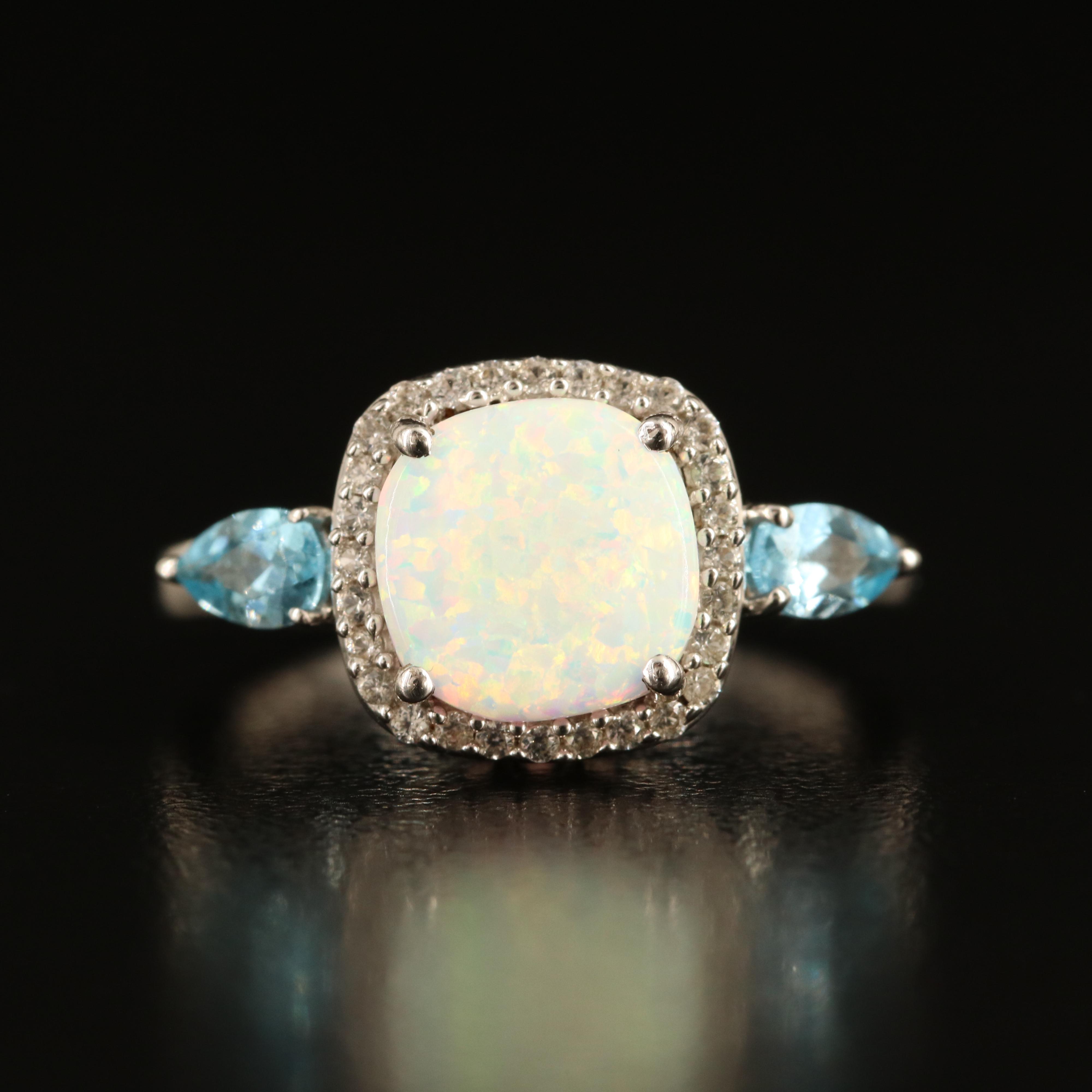 Sterling Opal, Sky Blue Topaz and White Sapphire Ring
