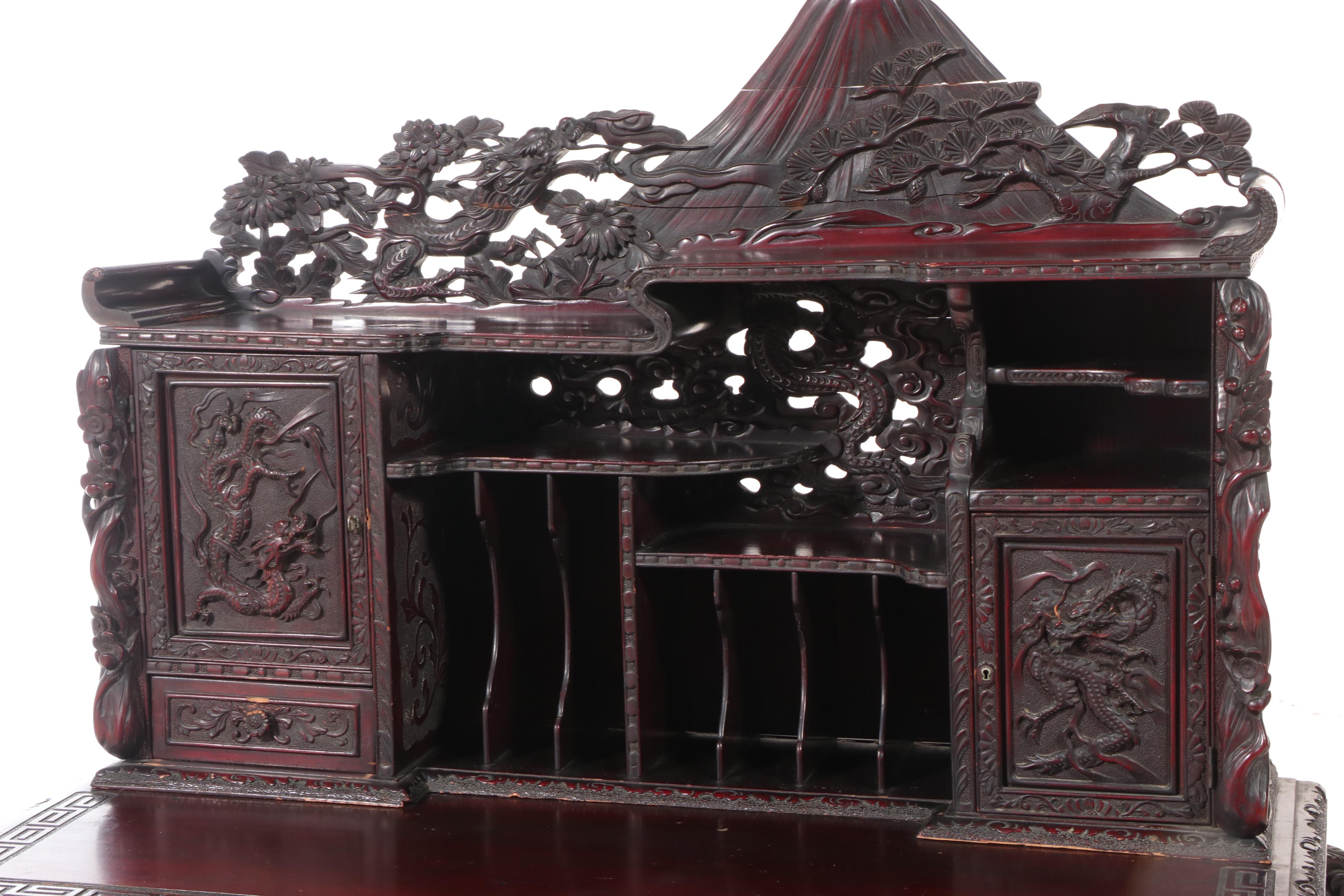 Japanese Heavily Carved Hardwood Dragon Desk with Mount Fuji Crest, Circa 1900