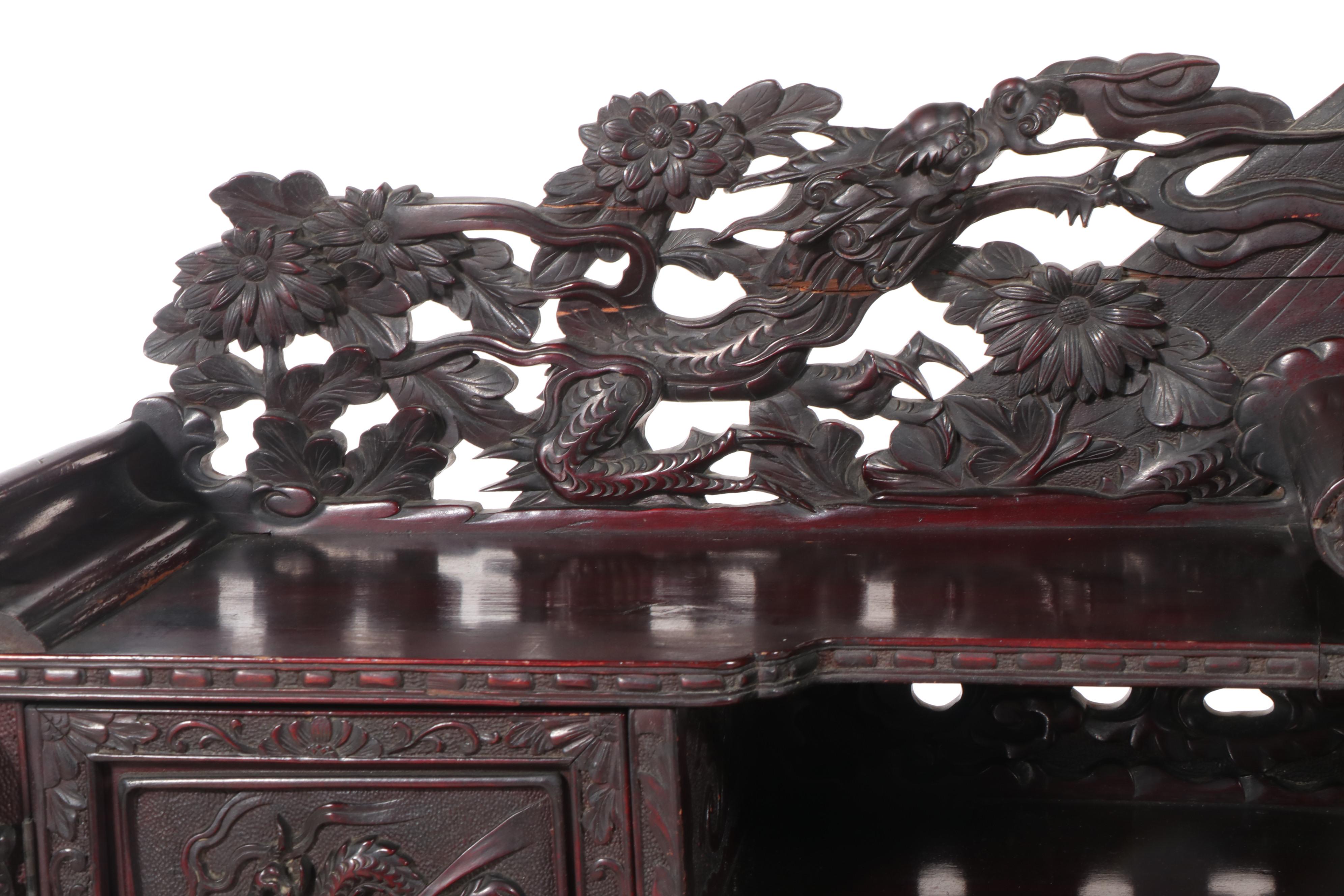 Japanese Heavily Carved Hardwood Dragon Desk with Mount Fuji Crest, Circa 1900