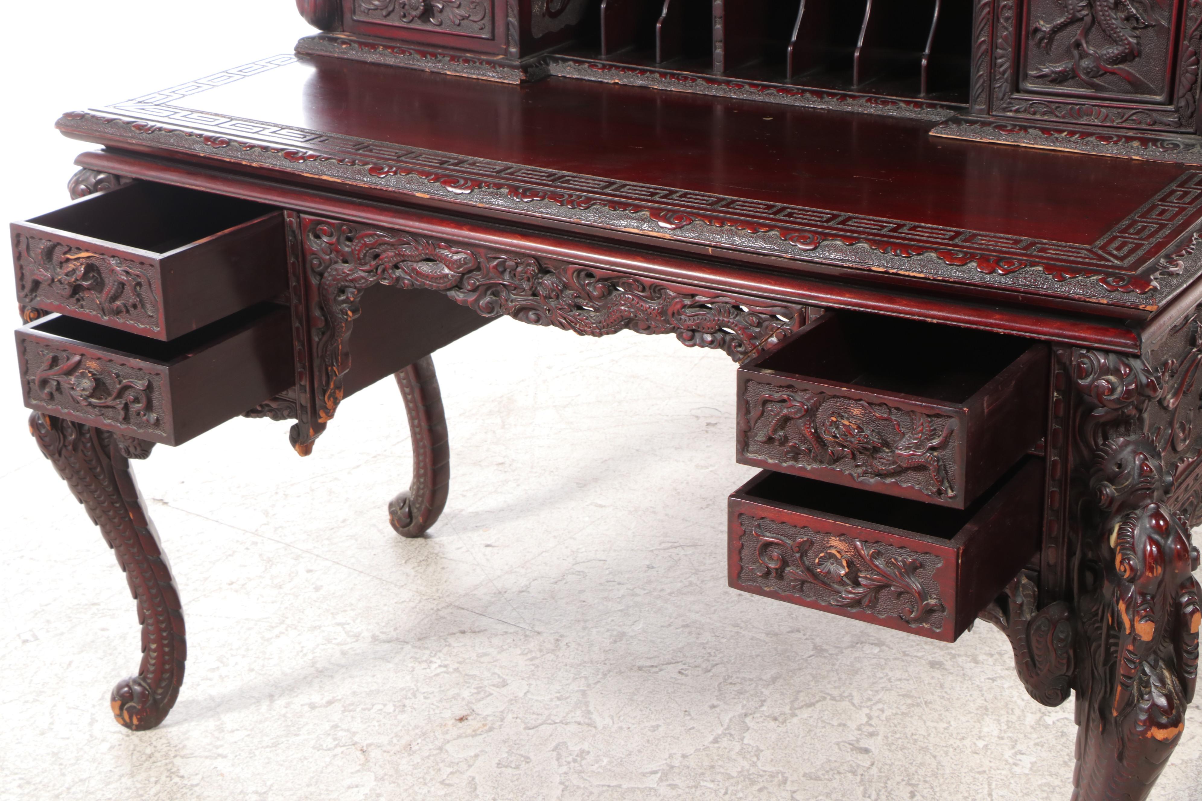Japanese Heavily Carved Hardwood Dragon Desk with Mount Fuji Crest, Circa 1900