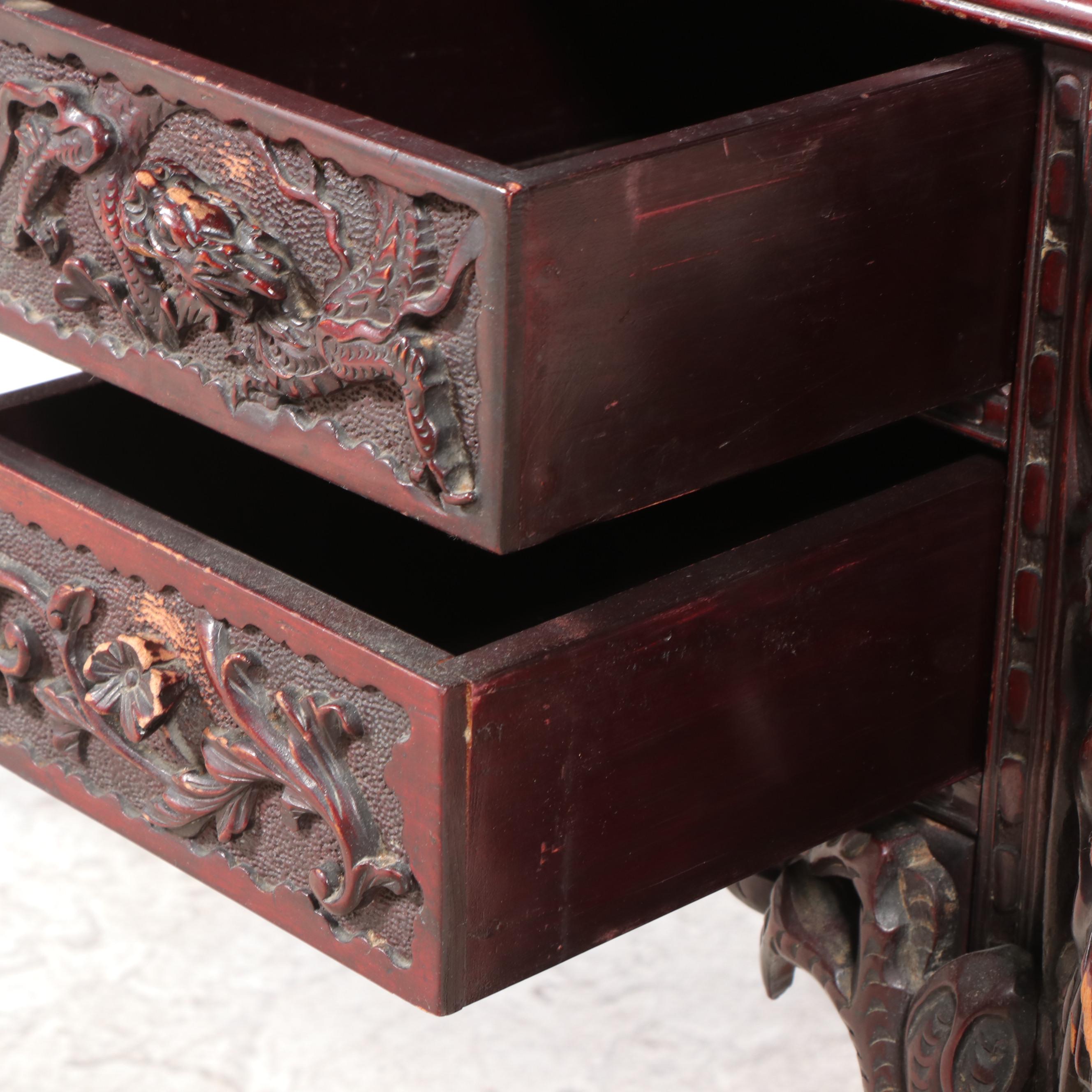 Japanese Heavily Carved Hardwood Dragon Desk with Mount Fuji Crest, Circa 1900