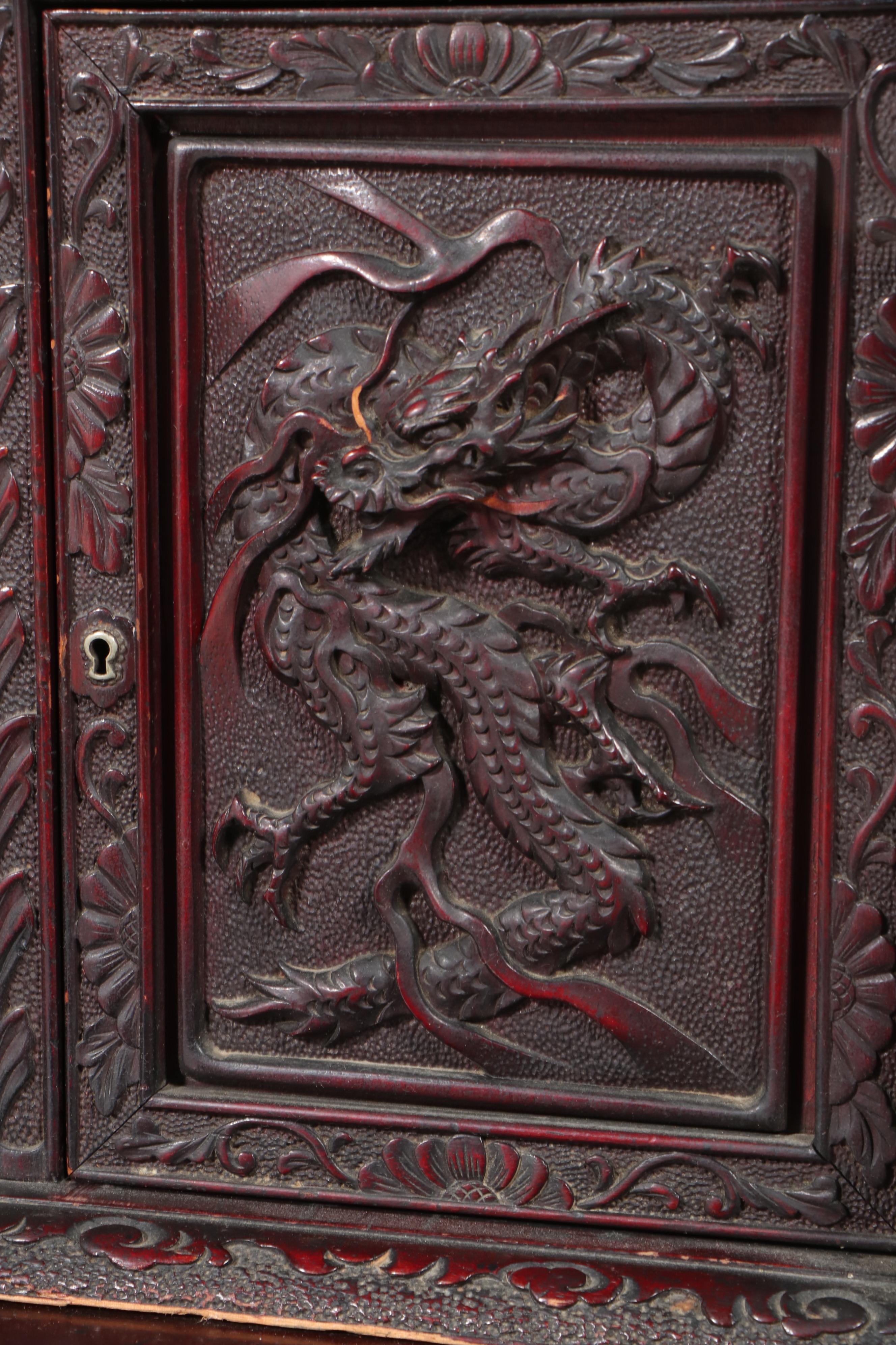 Japanese Heavily Carved Hardwood Dragon Desk with Mount Fuji Crest, Circa 1900